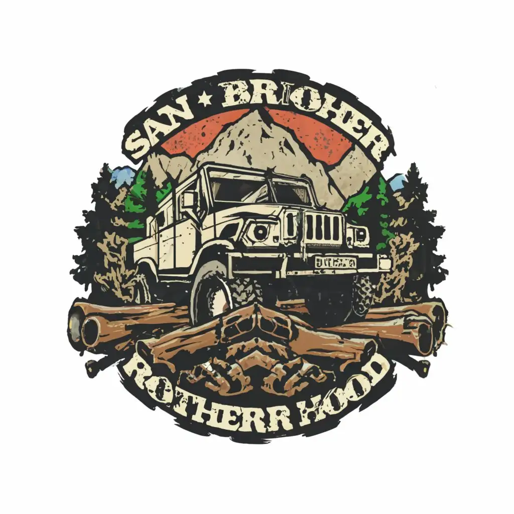 a logo design,with the text "SAN BROTHER HOOD", main symbol:REALISTIC, MUDDY TRUCKS, MUD, OFFROAD, MUDDY LOG, MUDDY ROAD, BIG TYRE, MOUNT, RIFLES,complex,be used in Automotive industry,clear background