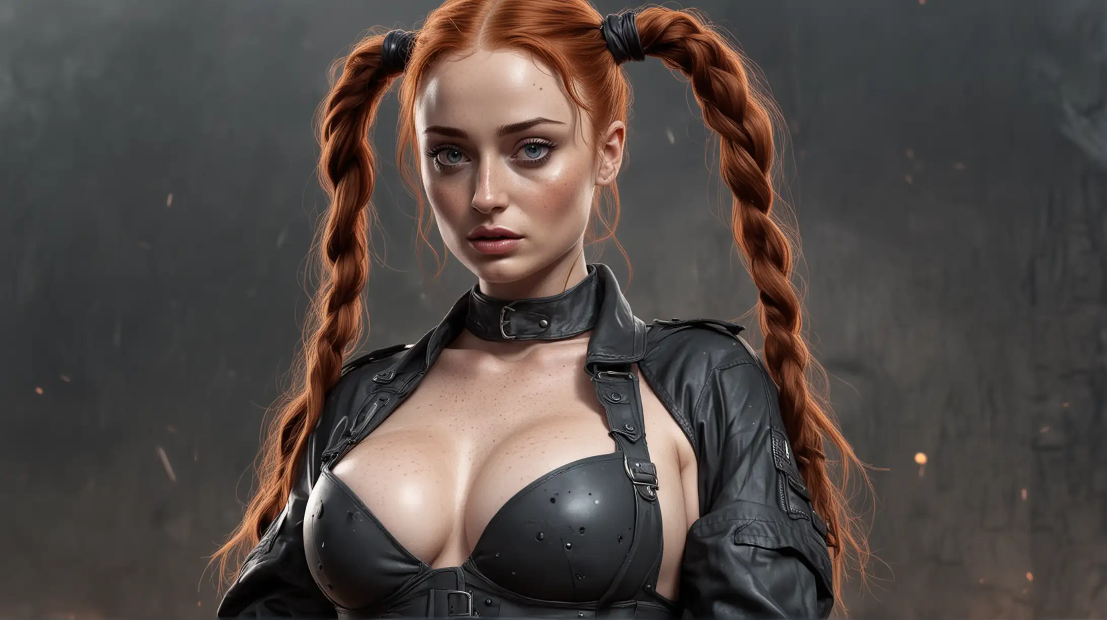 cartoon, Sophie Turner, perky figure, freckles, very big boobs, pigtails, sexy, seductive pose, apocalyptic background