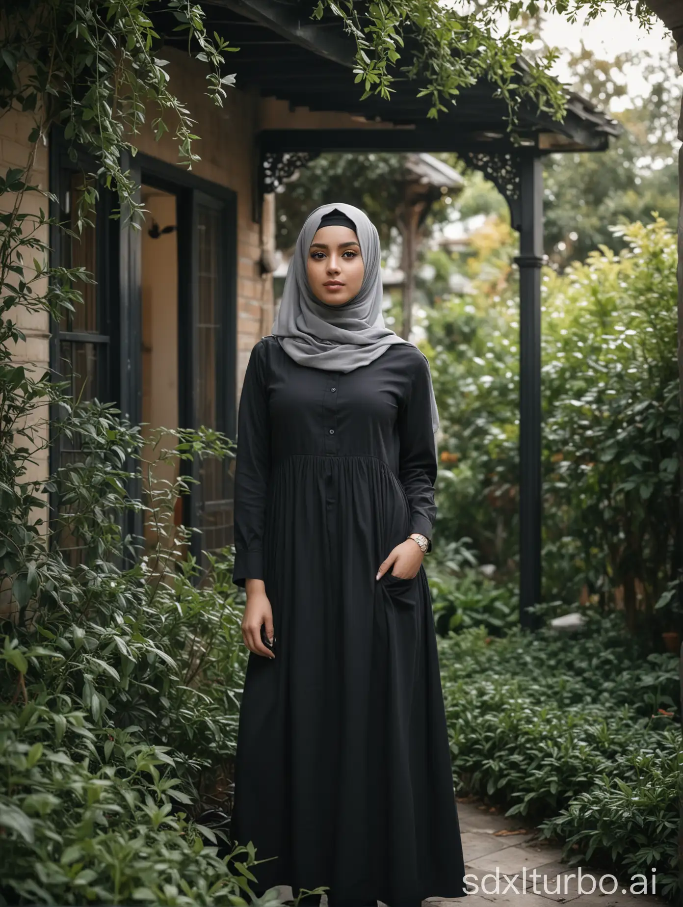 a yaoung women,wearing grey shirt collar sleeves rolled up, black hijab,black long dress,standing on garden house ,looking body sideways,stare Camera,frame of leaves ,morning ,Realistic photography,low view angle