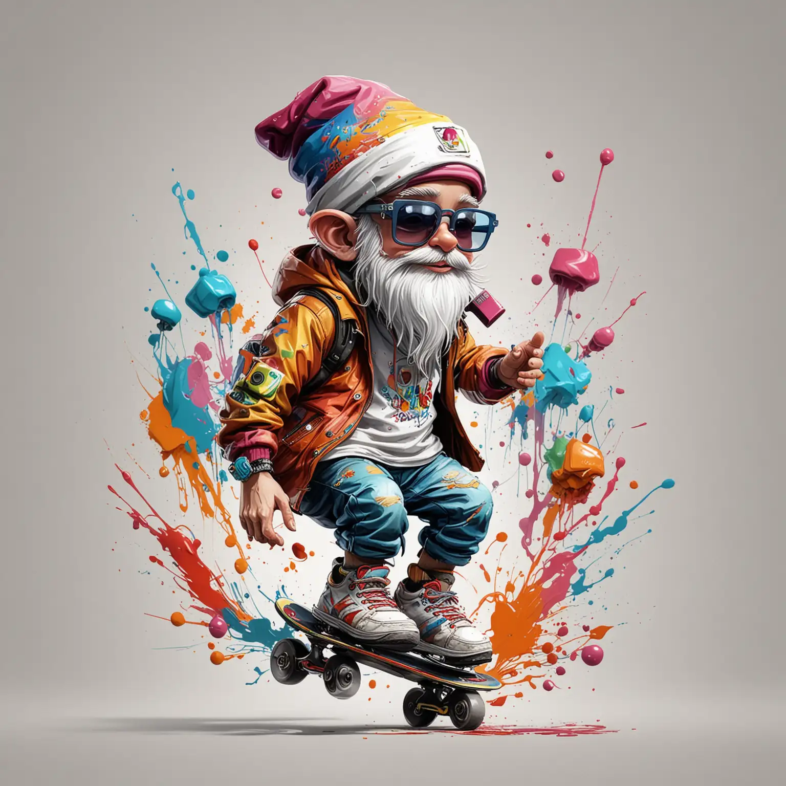 Colorful Abstract Hip Hop Gnome Skating with Luxury Hat and Old Walkman in Graffiti Cartoon Style