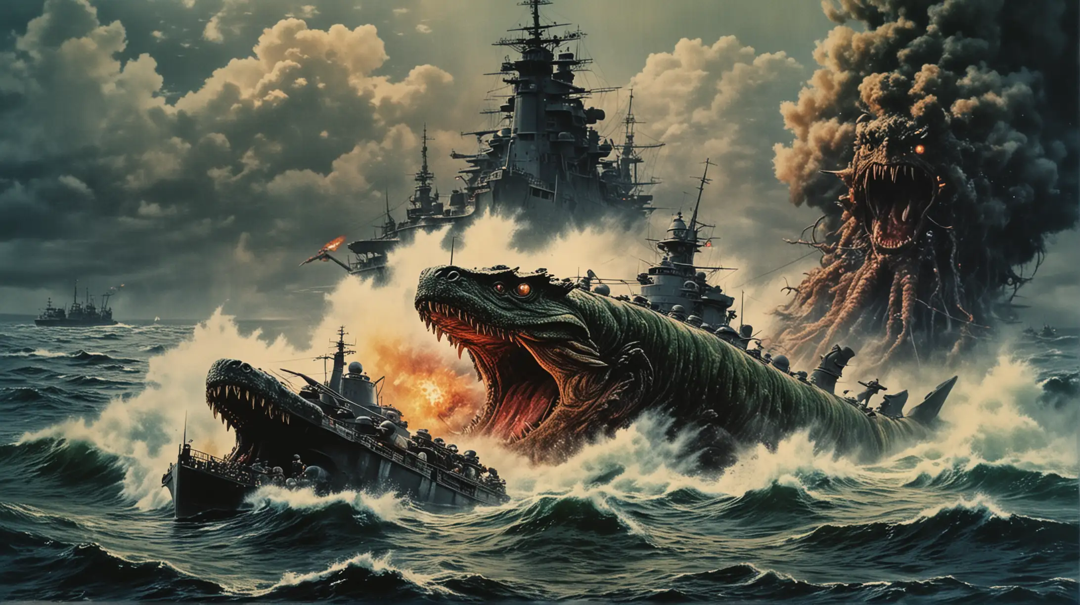 real colourful photo from 1970s Japanese monster film, with a super-massive reptile sea monster fighting a 1940s battleship, dramatic composition, title is “Codename:  Monster” written at top