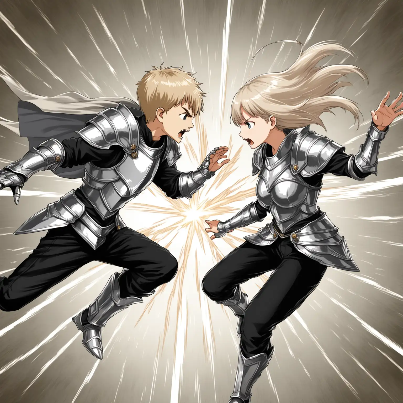 boy and girl twins, beige hair, attack and defense, silver adventurer's armor, black pants, dynamic pose