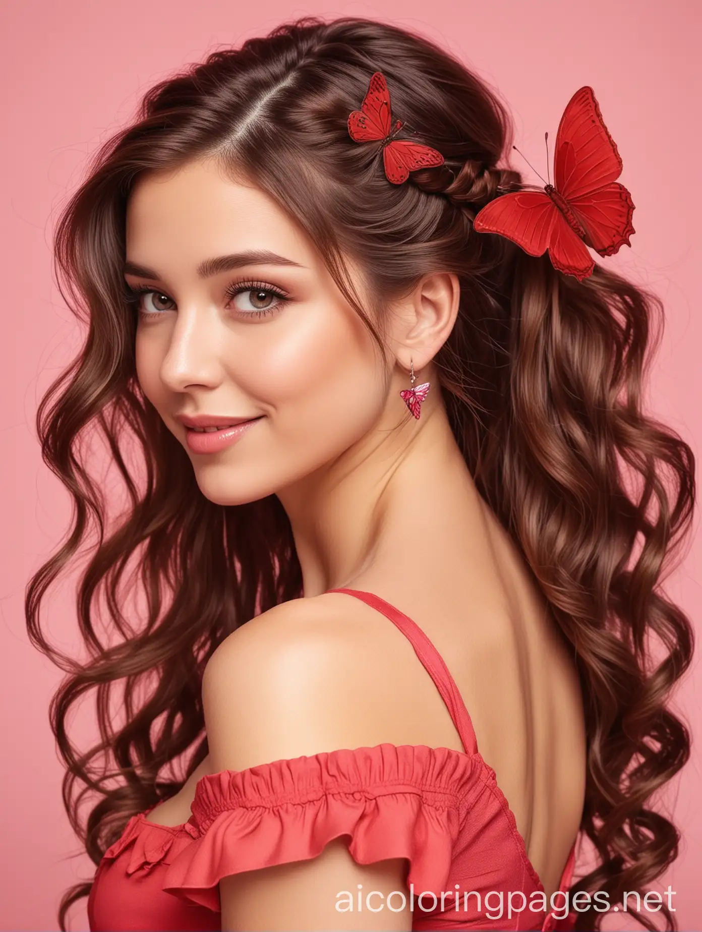 a young woman with long brown hair and red eyes. She is wearing a red dress with a sweetheart neckline and butterfly earrings. Her hair is styled in a fishtail braid with red butterfly hair clips. She has a soft smile on her face and is looking at the viewer over her shoulder. The background is a soft, out-of-focus pink., Coloring Page, black and white, line art, white background, Simplicity, Ample White Space. The background of the coloring page is plain white to make it easy for young children to color within the lines. The outlines of all the subjects are easy to distinguish, making it simple for kids to color without too much difficulty