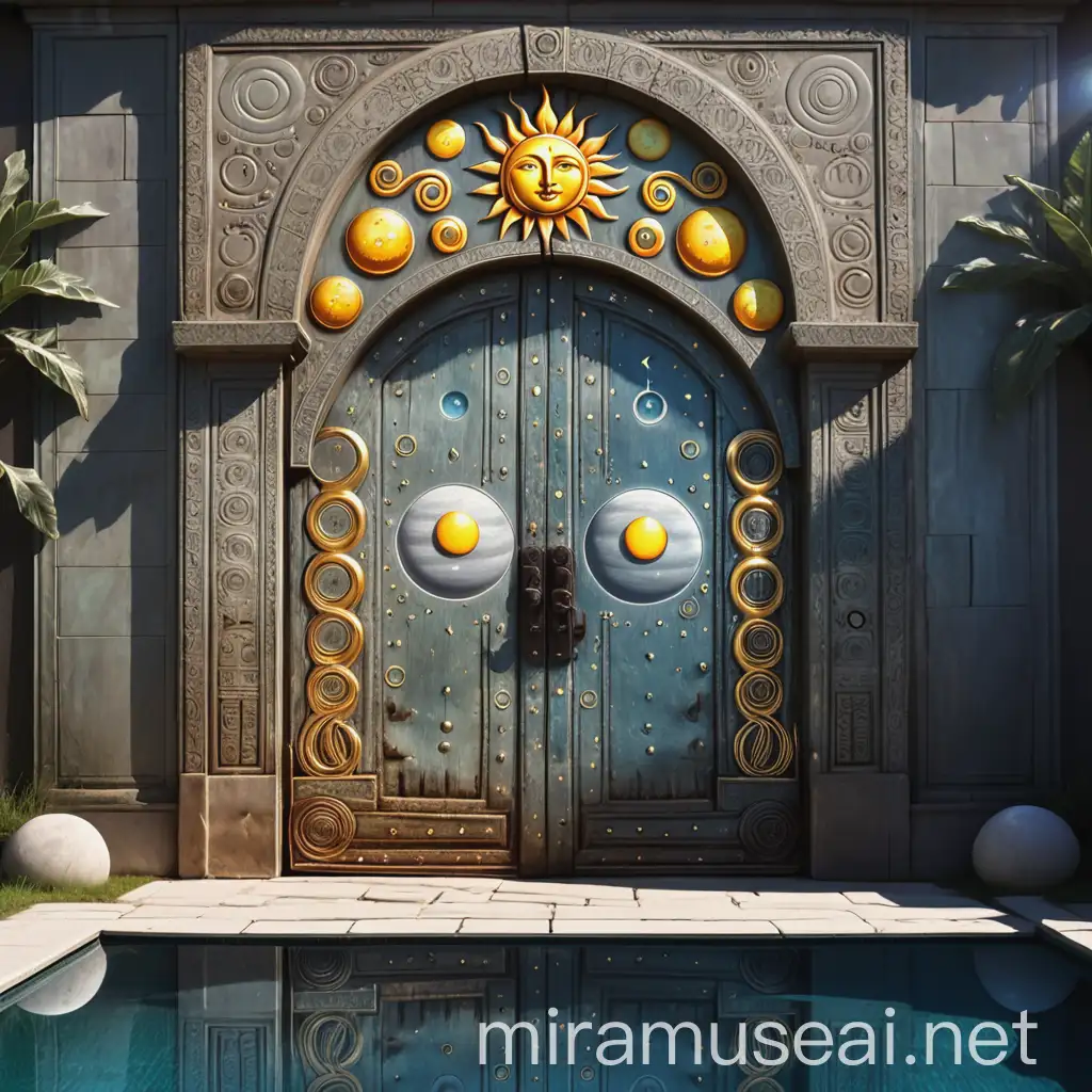 reflective pool ancient door with sun and moon symbols
