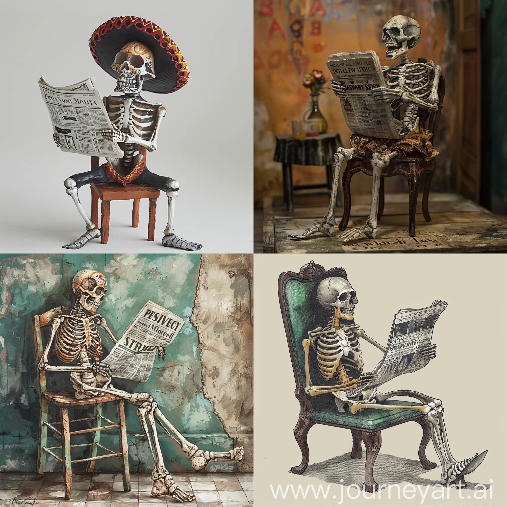 A mexican skeleton man sitting on chair and reading news paper