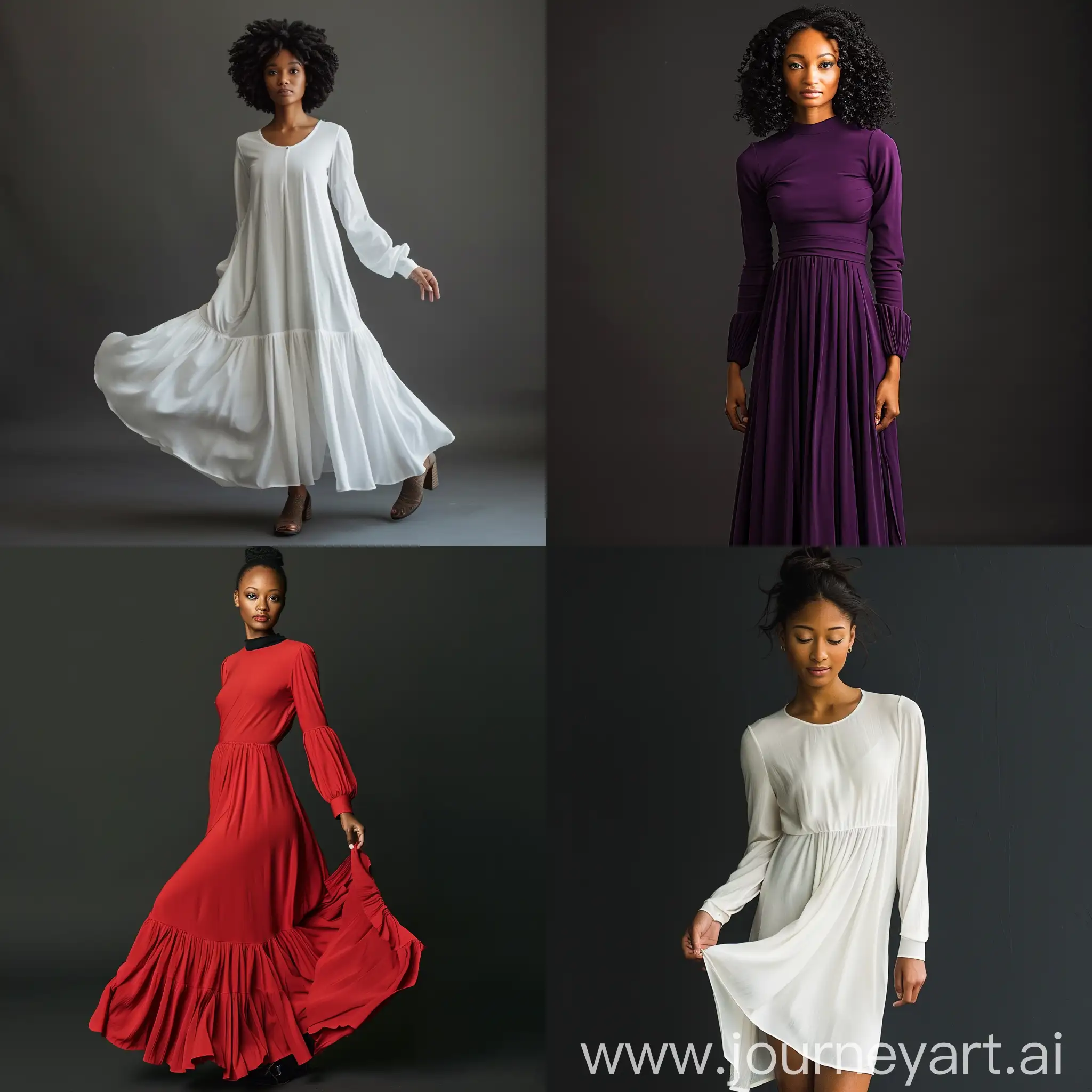 Studio modeling: Maxi length Dress, Long sleeves, Round neckline, Pintucked, hem, Pullover styling, professional studio, professional lighting 