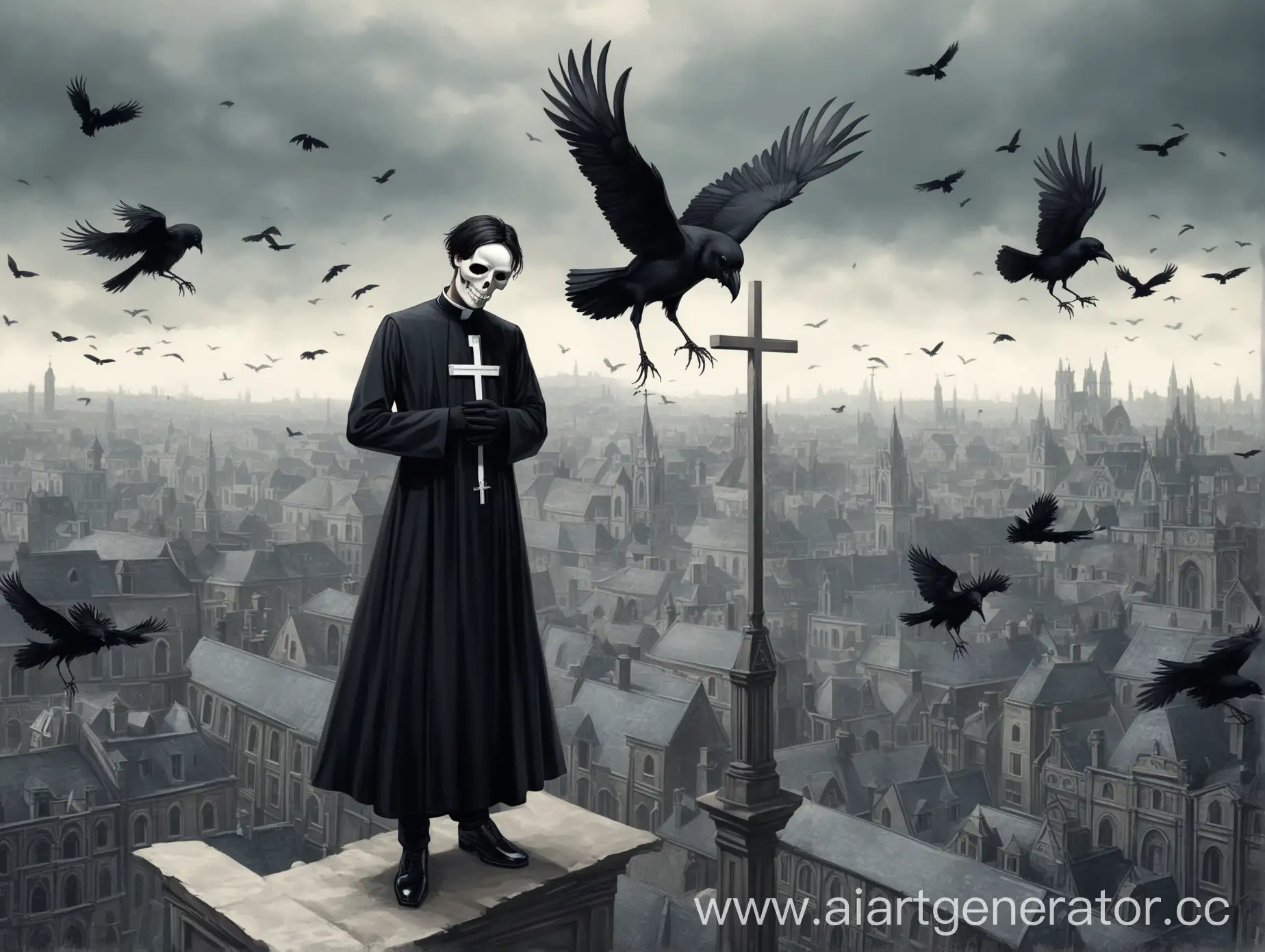 Man, skinny, dark, calm, catholic, priest, full height, black hair, white skull mask without jaw, black cassock, black shoes, black gloves, big cross on bossom, looks down on you, the judgmental pose, hair fluttering in the wind, cassock fluttering in the wind, victorian city is behind, crows are flying, grey sky