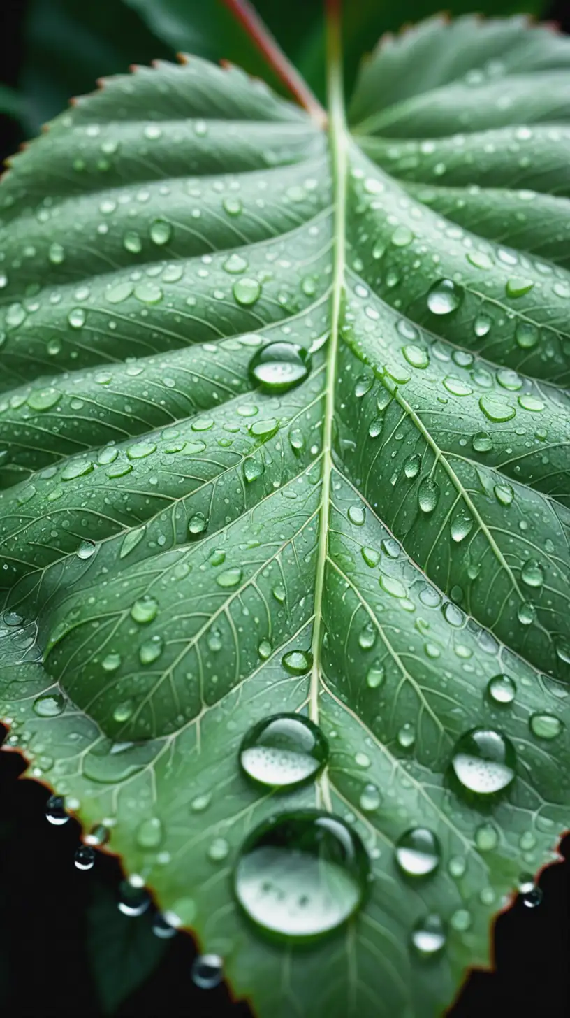 a close-up photograph of a green leaf with water droplets on its surface. The leaf has a veiny texture, and the water droplets create a glistening effect. The overall composition suggests a sense of freshness and natural beauty. 