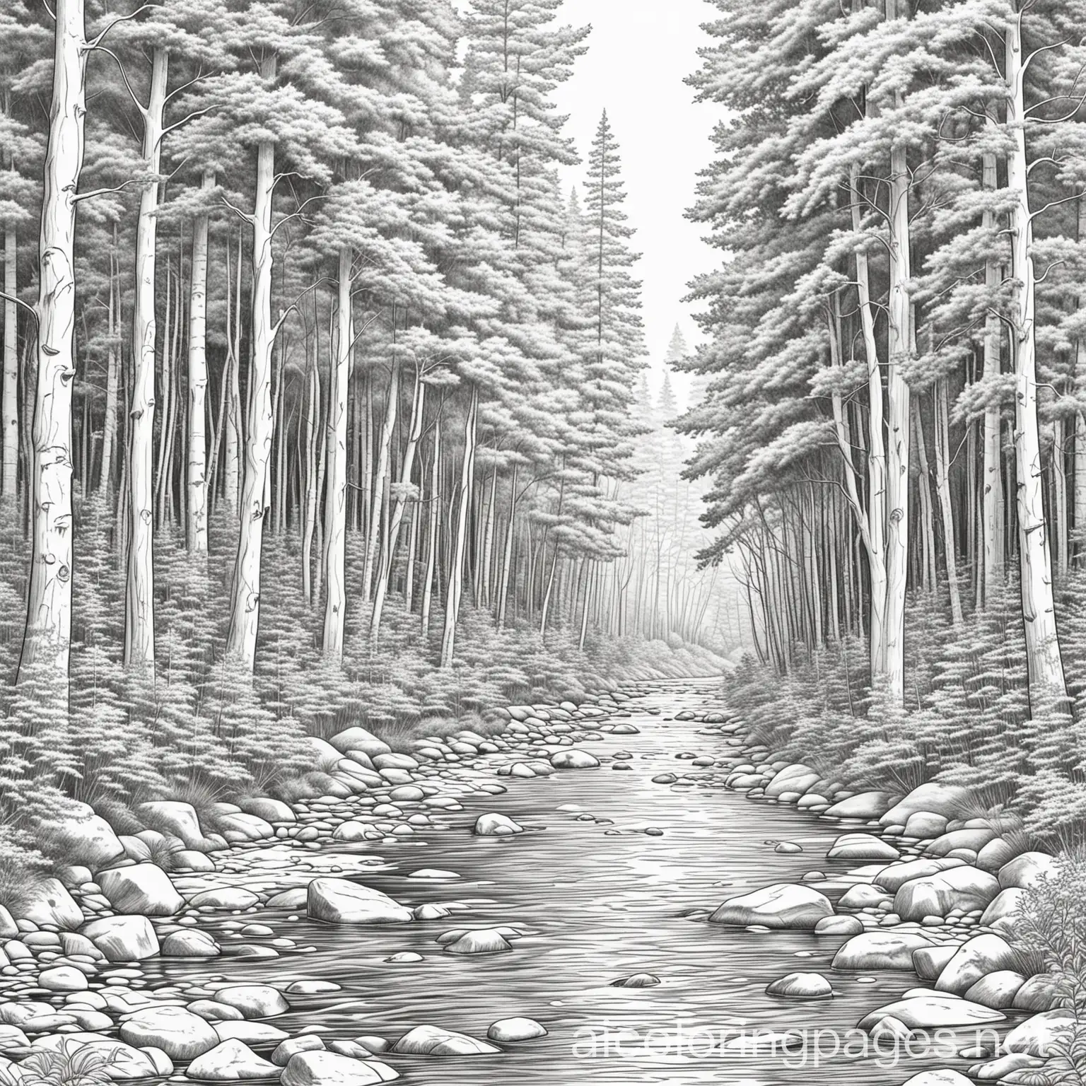 Tranquil forest scene with tall trees and a flowing river, Coloring Page, black and white, line art, white background, Simplicity, Ample White Space