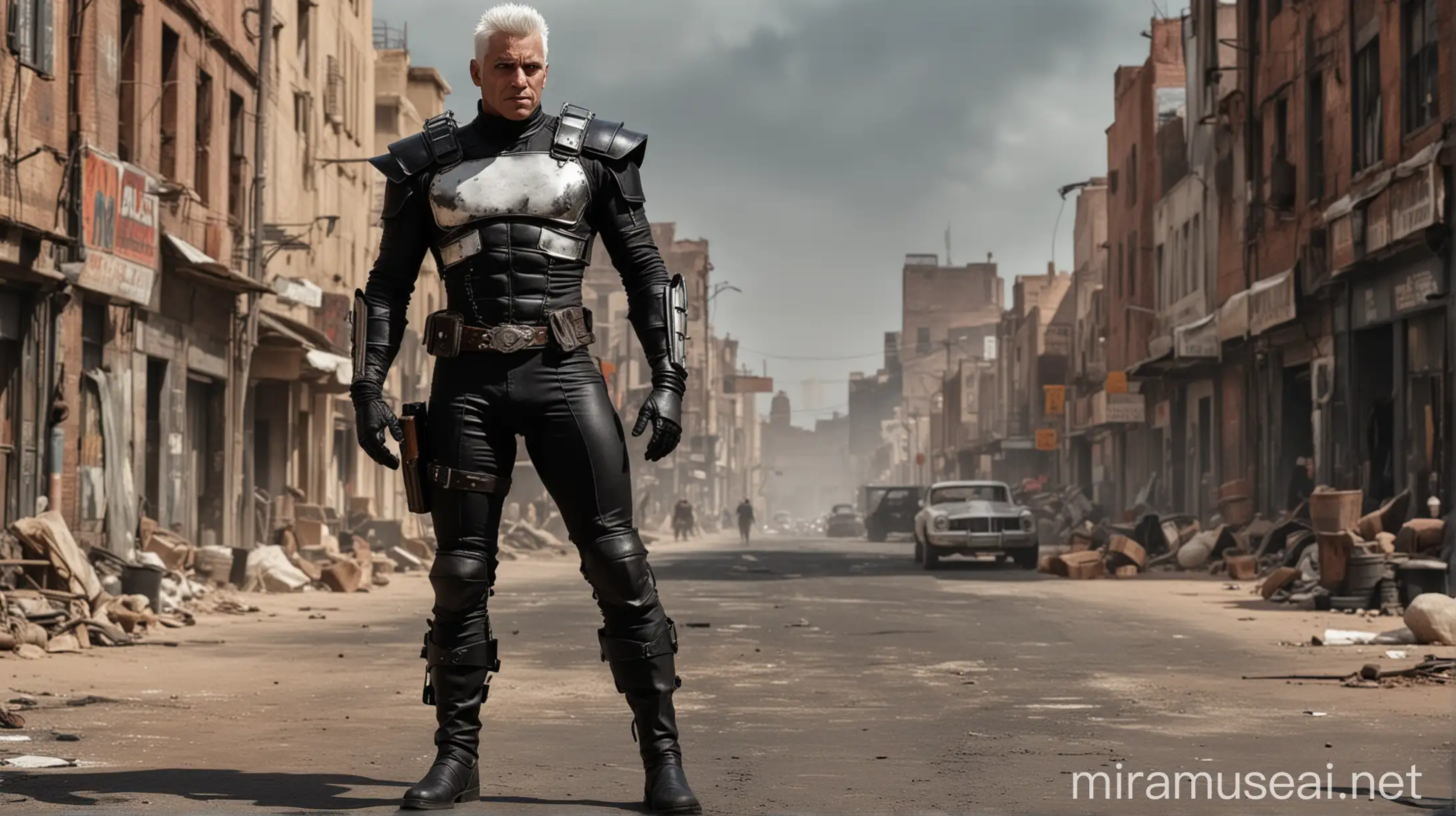 realistic man white hair black suit armor lycra superhero costume1950,complete body,boots,feets white hair ,black suit spandex armor lycra spandex,velvet,superhero ,1950,style,vintage,1945,
background future apocalyptic city mad max roof 35mm