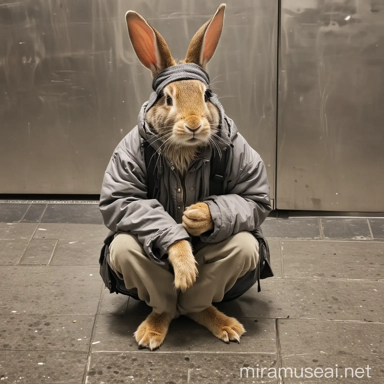 homeless rabbit looking sad panhandling begging at a brooklyn new york metro station