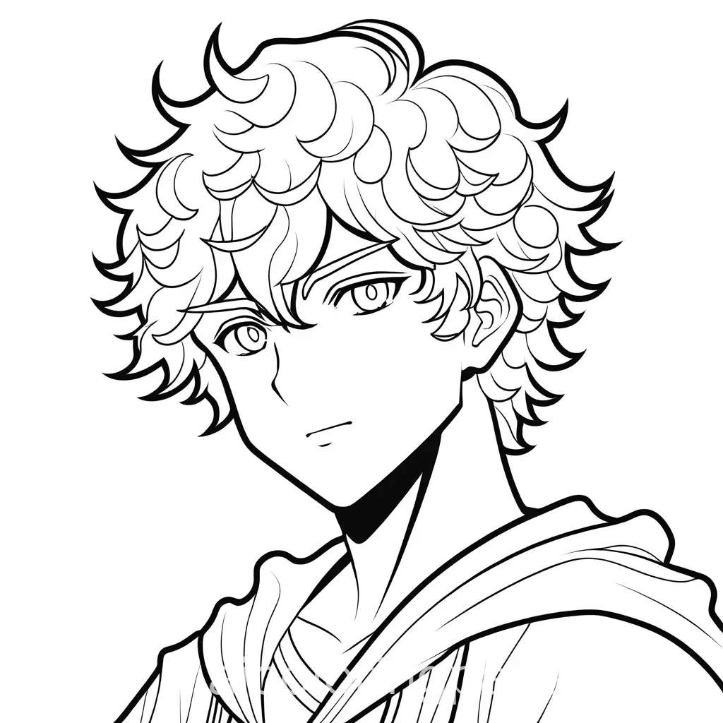 curly haired anime boy coloring page, Coloring Page, black and white, line art, white background, Simplicity, Ample White Space