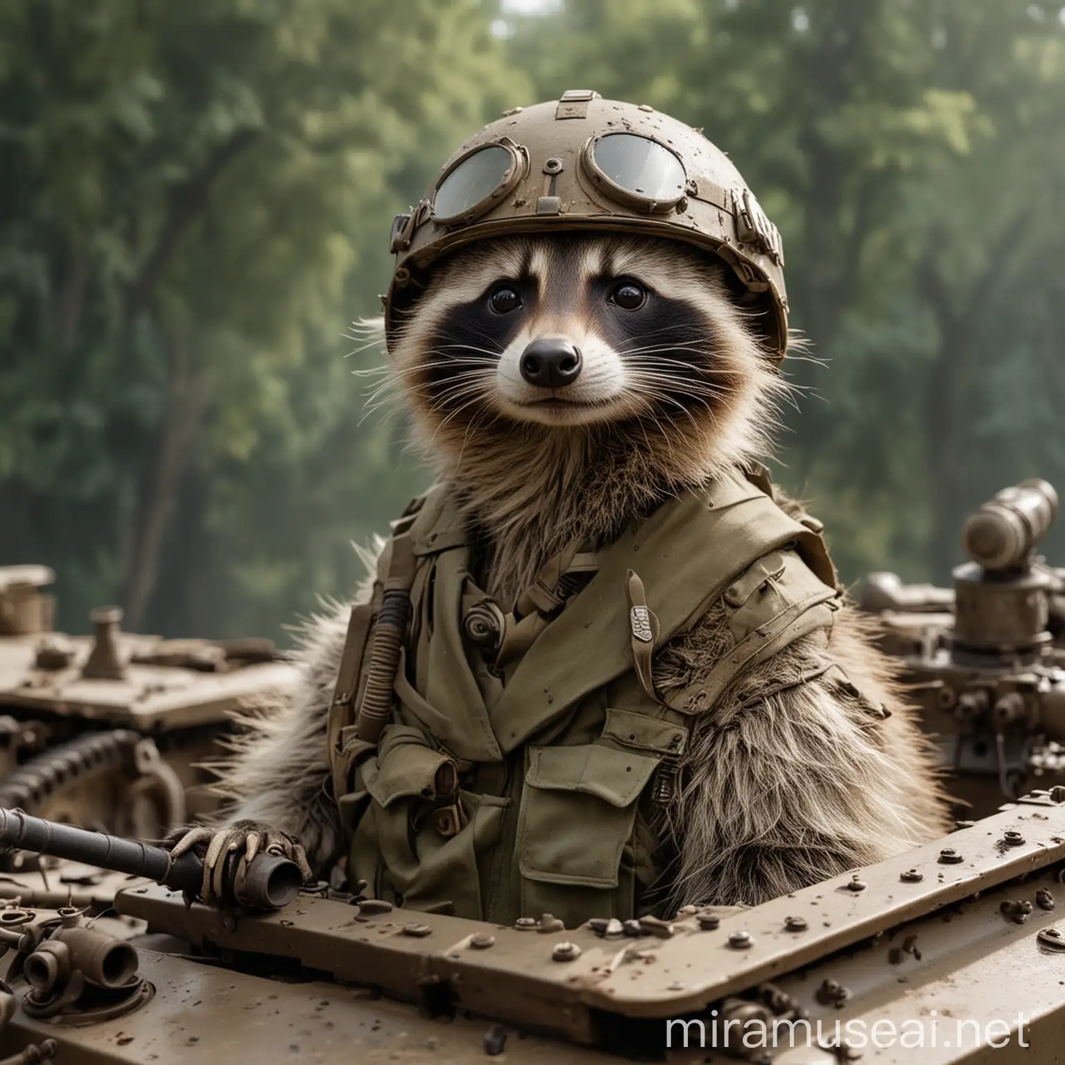 Raccoon army general in uniform on a tank with a helmet on world war 2