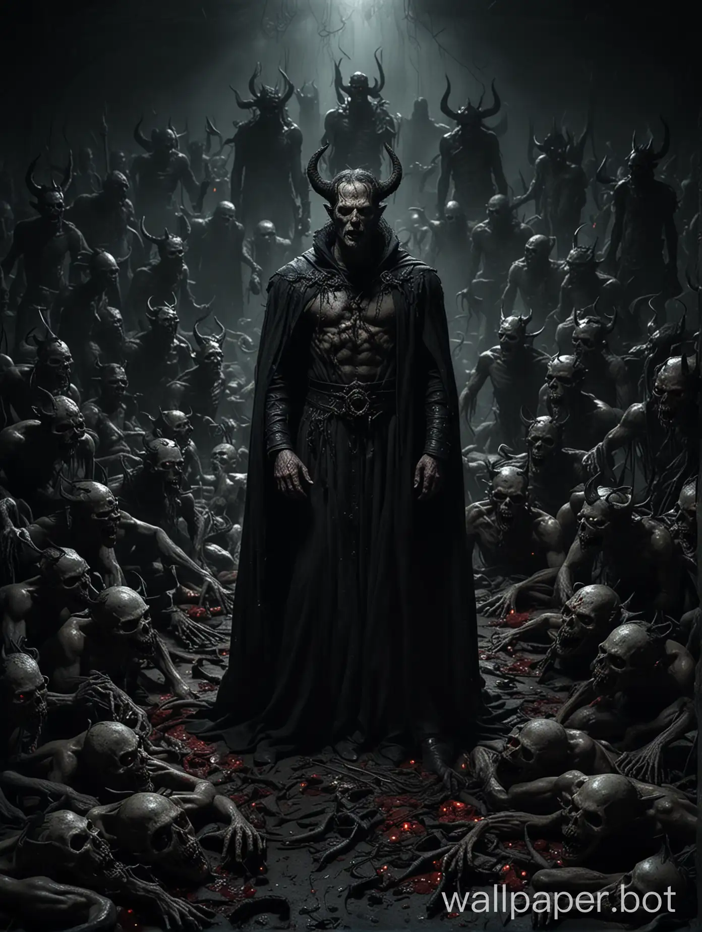 A dramatic illustration of lord of hell in a dark, sinister setting, surrounded by demons and a rotten, dead body. The lighting should be intense, casting eerie shadows and emphasizing the devilish elements