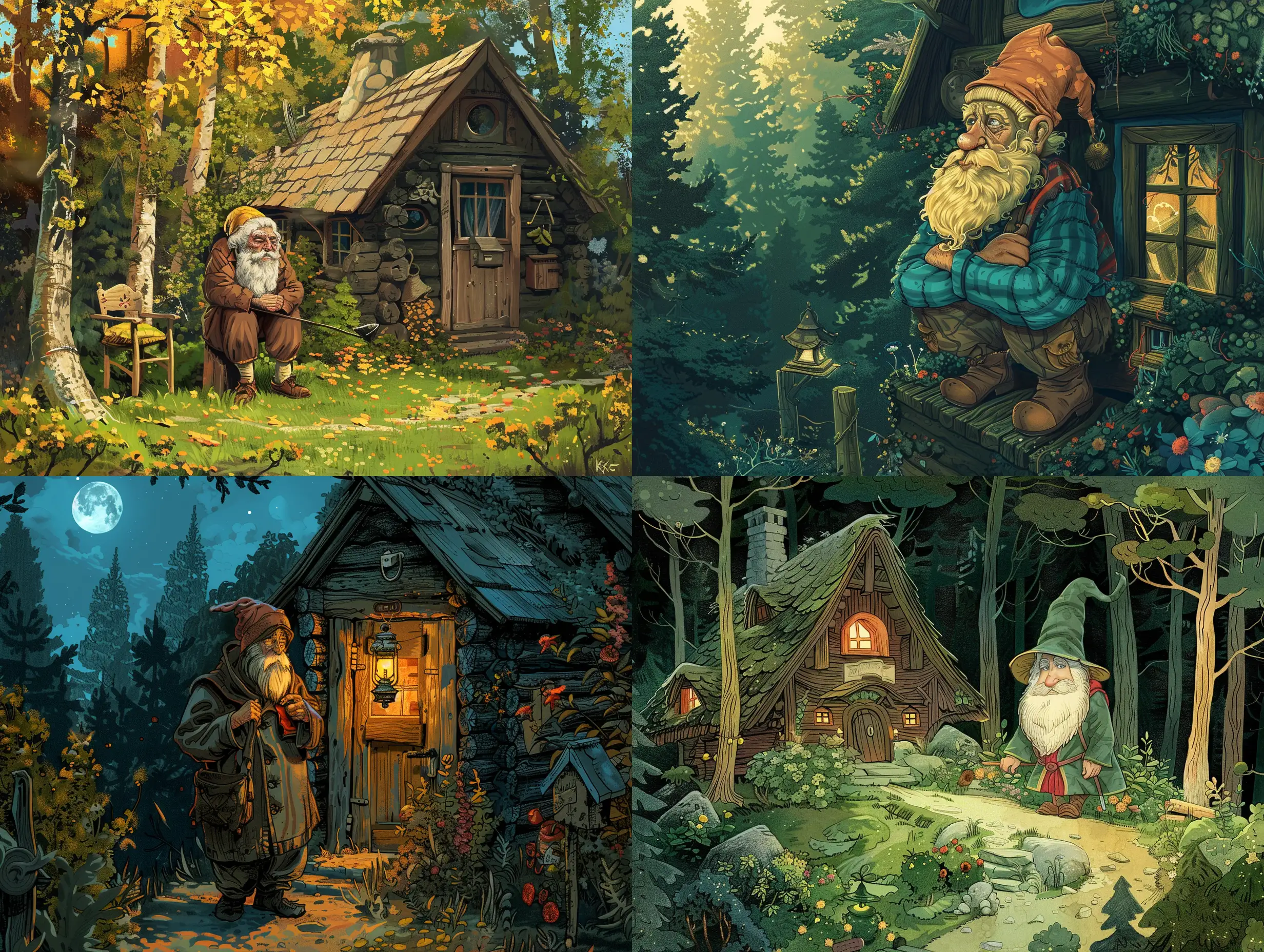 Russian-Old-Man-in-Forest-Wood-House-Illustration