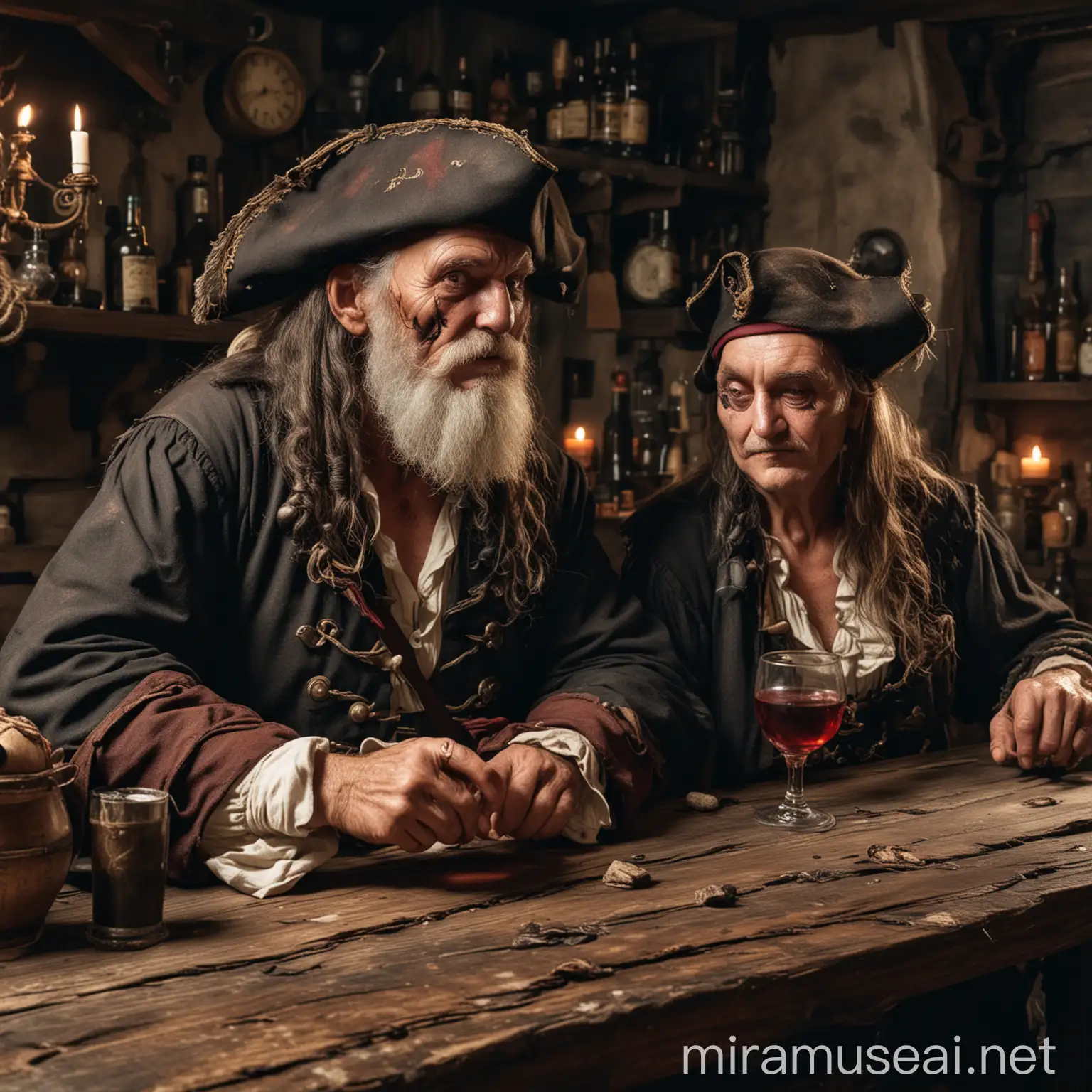 Old Pirate and Death Enjoying Wine and Rum at Taverns Counter
