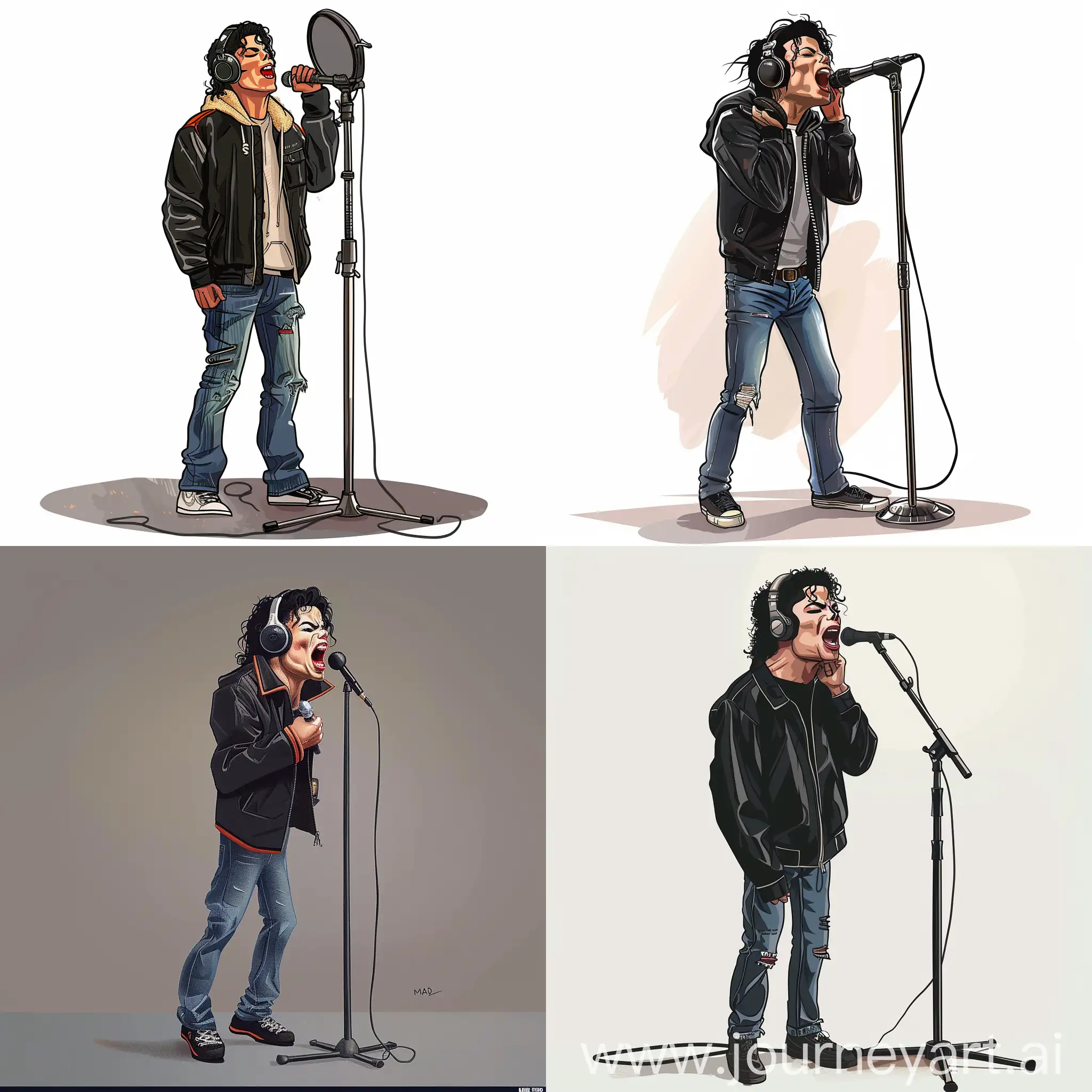 Caricature of singer Michael Jackson, 26 years old, with headphones, jeans, black jacket, standing singing with a stand microphone, MAD magazine style caricature.