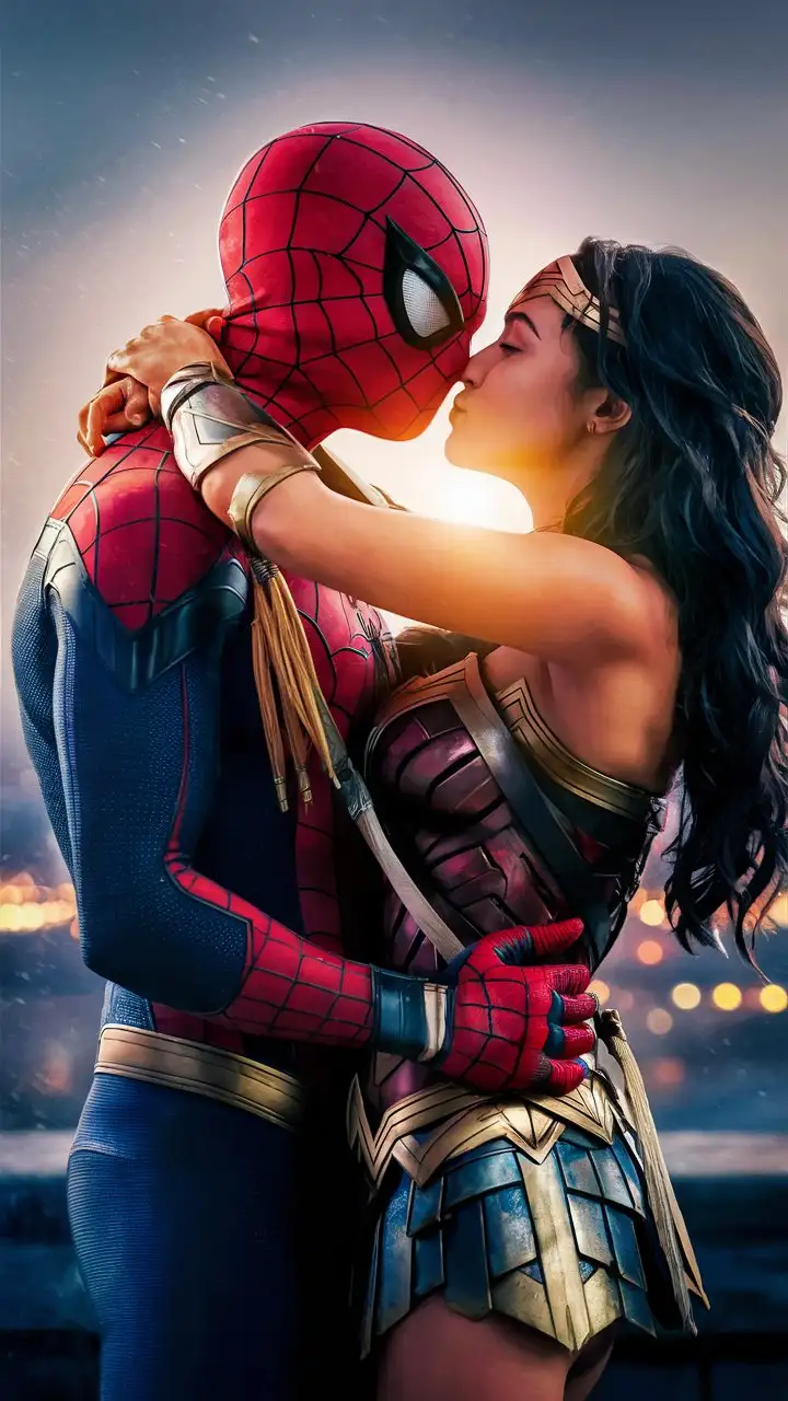 Superheroes Spiderman and Wonder Woman Share Romantic Kiss
