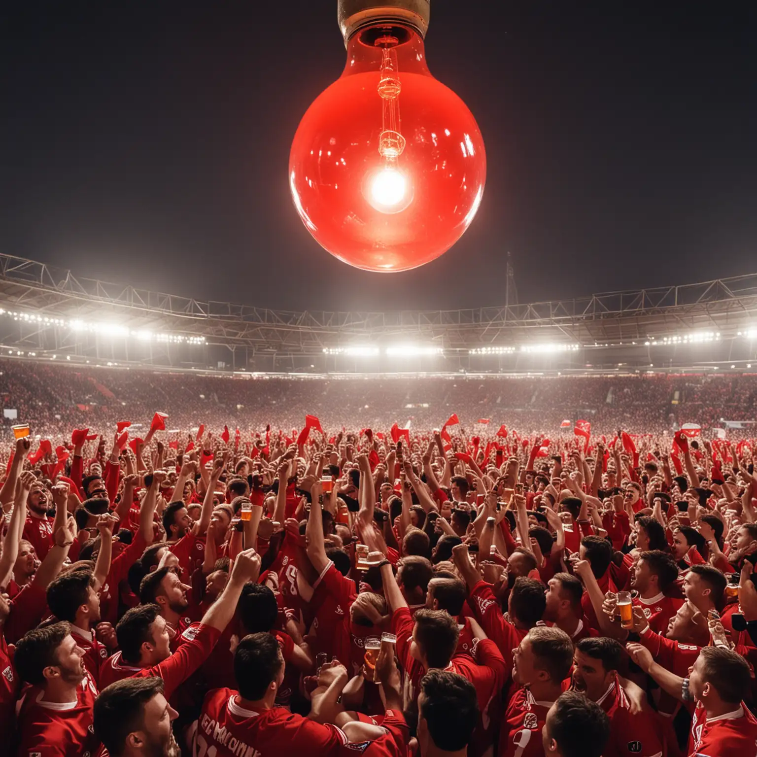 Kampioensfeest, een plein vol met fanatieke voetbalsupporters, iedereen draagt rode kleding en drinkt bier, er hangt een enorme gloeilamp boven het plein