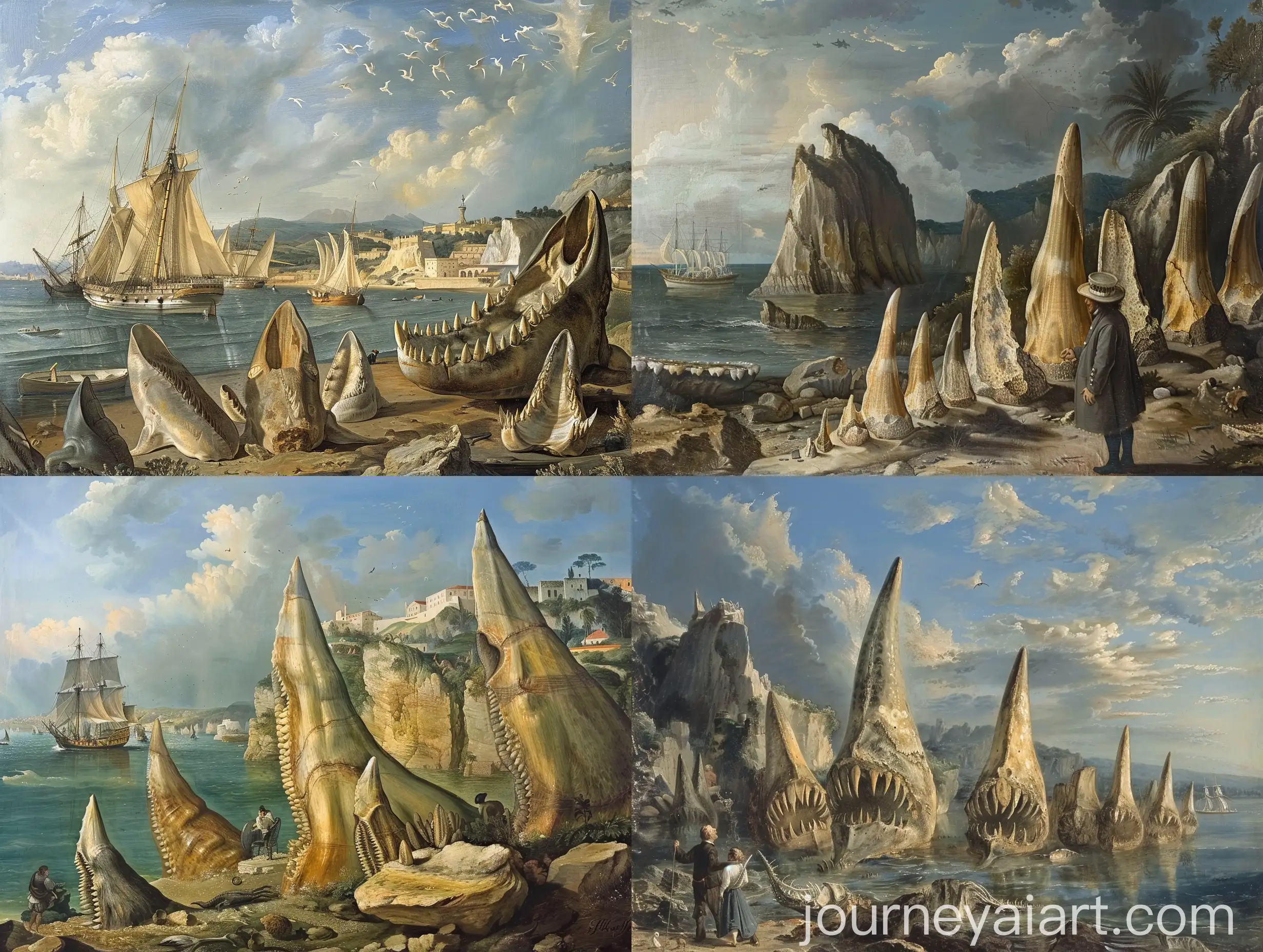 17世纪的博物学家尼尔斯，正在地中海沿岸的乱石中探索，他发现了几块大型牙齿形状的化石