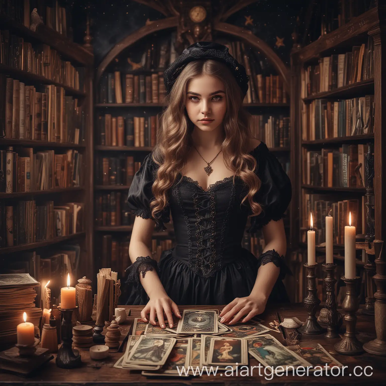 Enchanting-Witch-Girl-with-Tarot-Cards-in-FairyTale-Library-Art