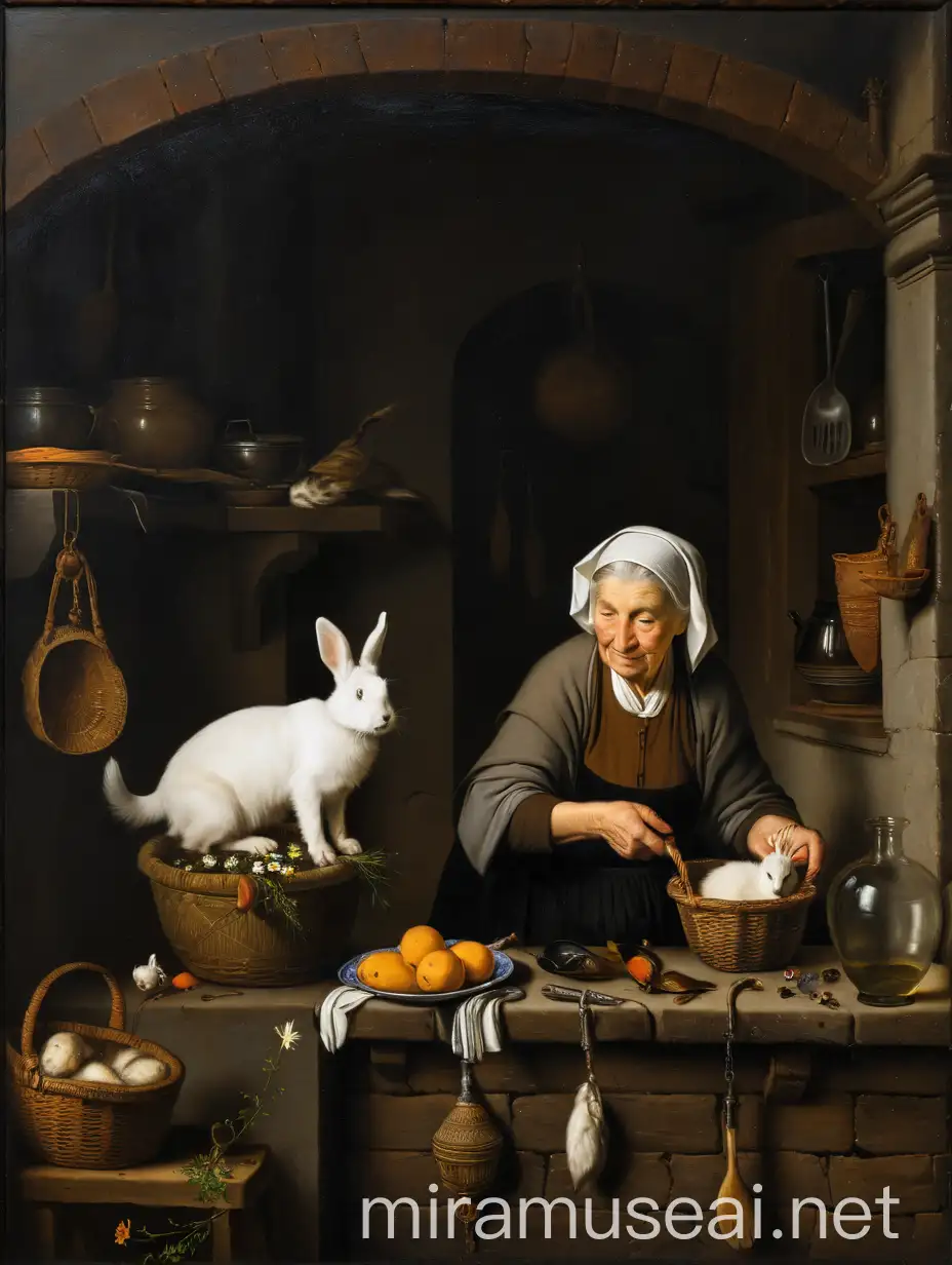 Gerrit Dou old woman in the kitchen, holds dead rabbit, young boy with flowers, white dog, extra fine details, old texture, impasto in highlights, oil on canvas cracked