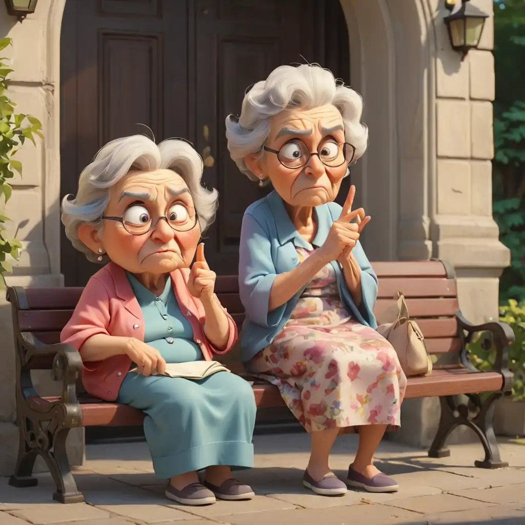 Two-Cartoon-Grandmothers-Sitting-and-Judging-Near-Bench-Entrance