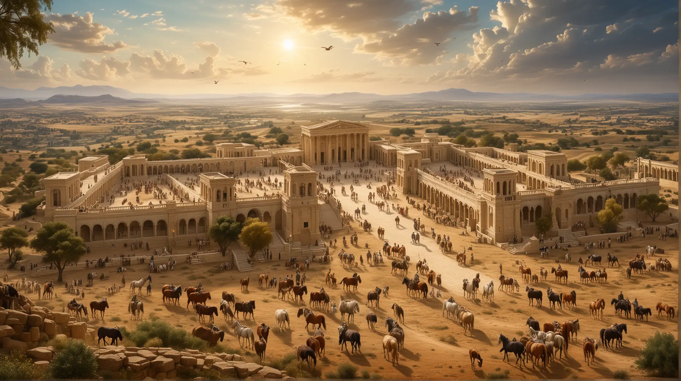 a scene of a Kingdom with abundance . Land, a palace, horses,  Set during the biblical era of King Solomon.