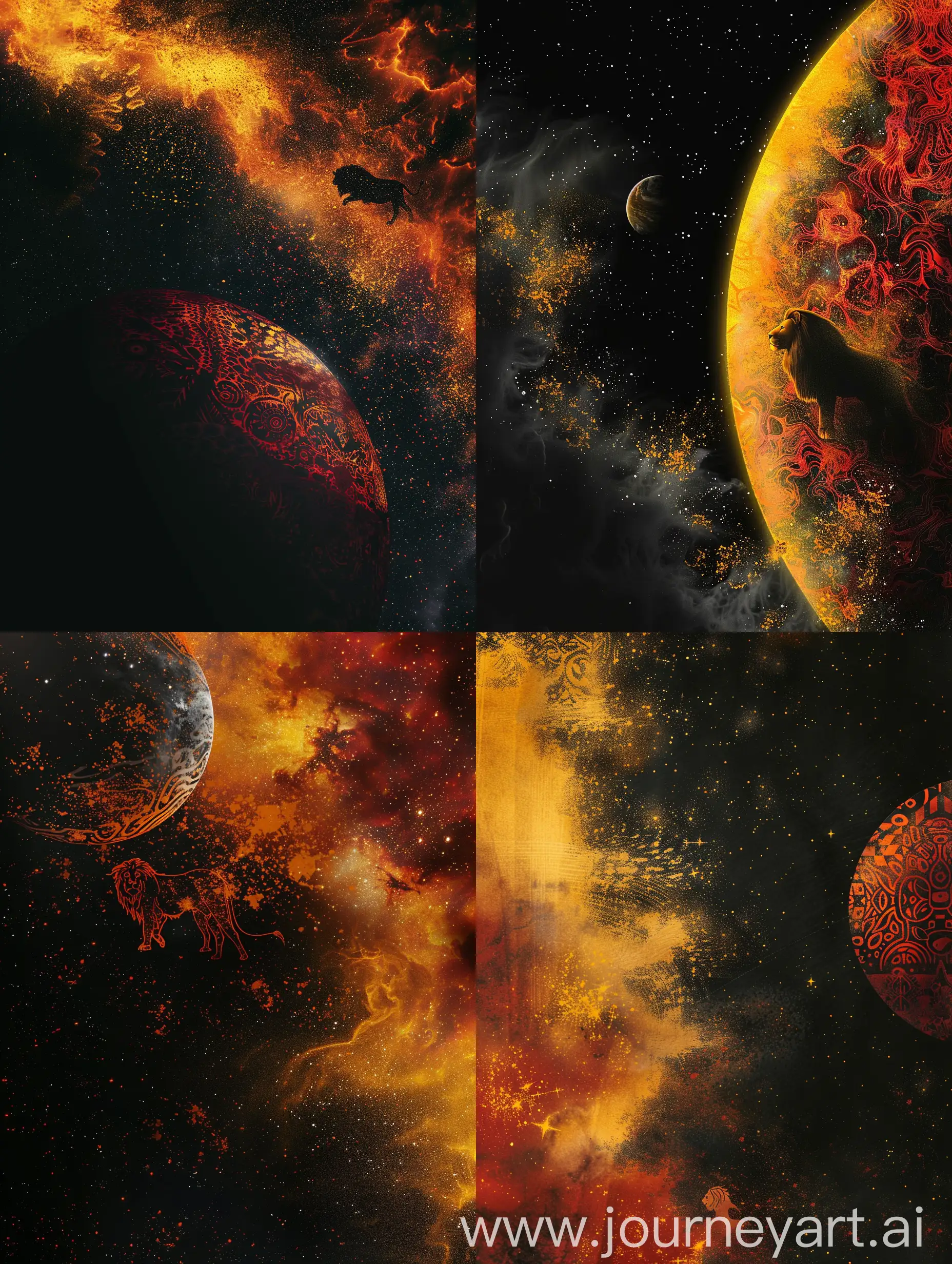 Yellow Red space image, one side yellow and one side red, space dust clouds and stars, realistic Nasa space photo, Lion silhouette in the distance, lion silhouette view from space dust Yellow Red Orange Burgundy colors, black space background  A planet is visible in the background, it has orange and red patterns