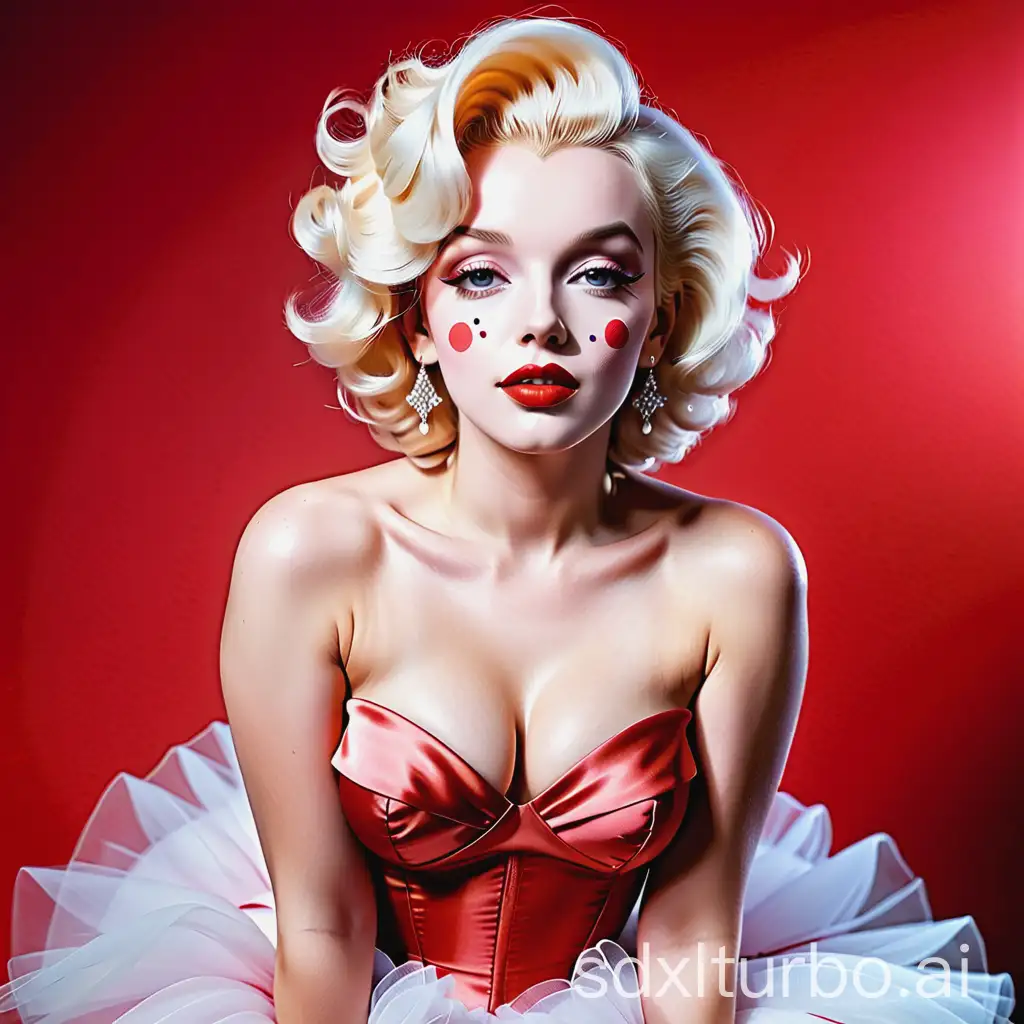 Marilyn Monroe，((full body))，coral pink blush under the eyes, "Midjourney" fashion design, couture clown, luxe, smooth dewy makeup, lipstick,, rouge, pale skin, silky curls, hair platinum blonde, Elizabethan collar, red and white