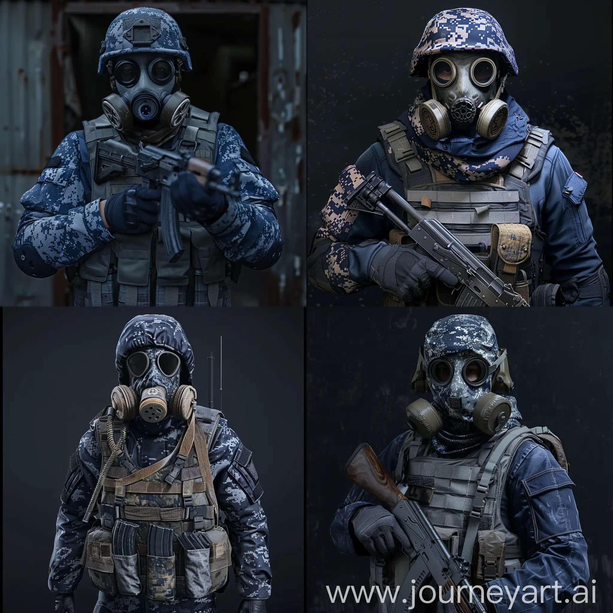 Mercenaries from the game stalker if the game was in the 80s under the Soviet Union, Protection: camouflage uniform of the British model dark blue, dark gloves, gray bulletproof vest, US M40 gas mask, Weapon: American submachine gun from the time of Vietnam.