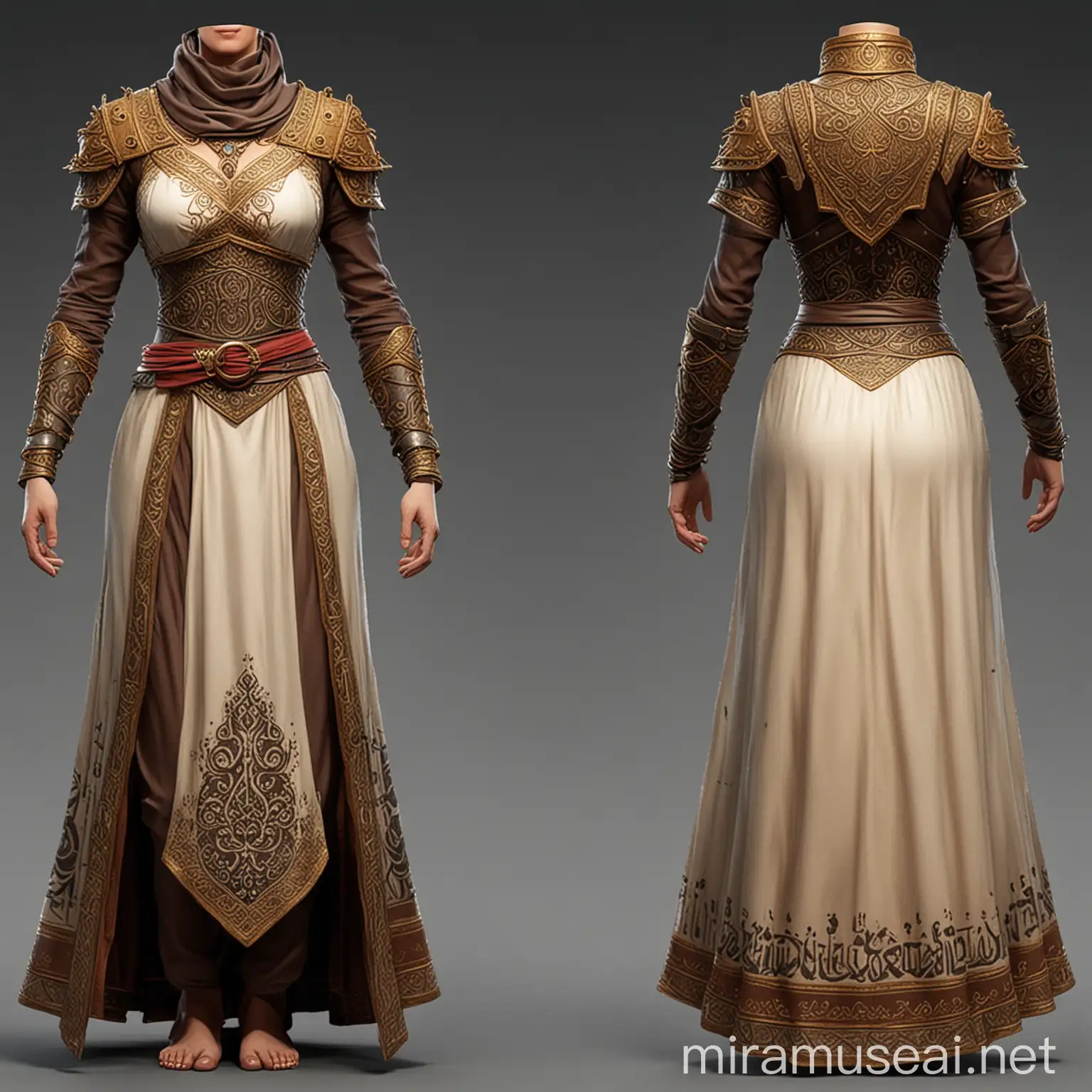 A dress for battle royal game design based on Arabic theme front view back view and details
