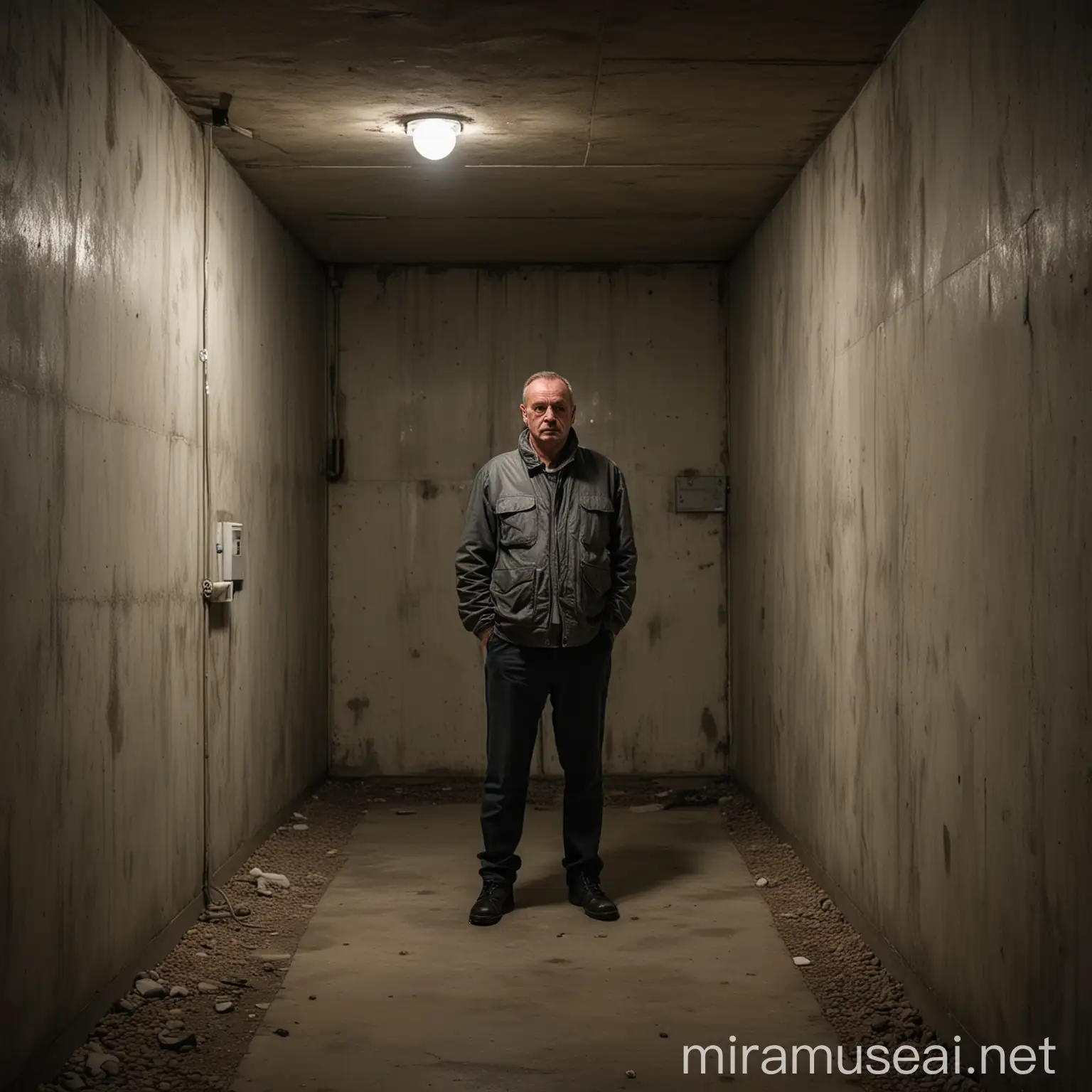A medium shot of the infamous German serial killer Jürgen Bartsch, standing in a dimly lit, sterile basement room with concrete walls and sparse furniture, with a clearly visible unsettling and cold expression, his head straight and not tilted, under the harsh light of a single overhead bulb, during a quiet evening, shot with a Nikon Z7 II, 85mm f/1.2 lens, colorized with cold and desaturated tones