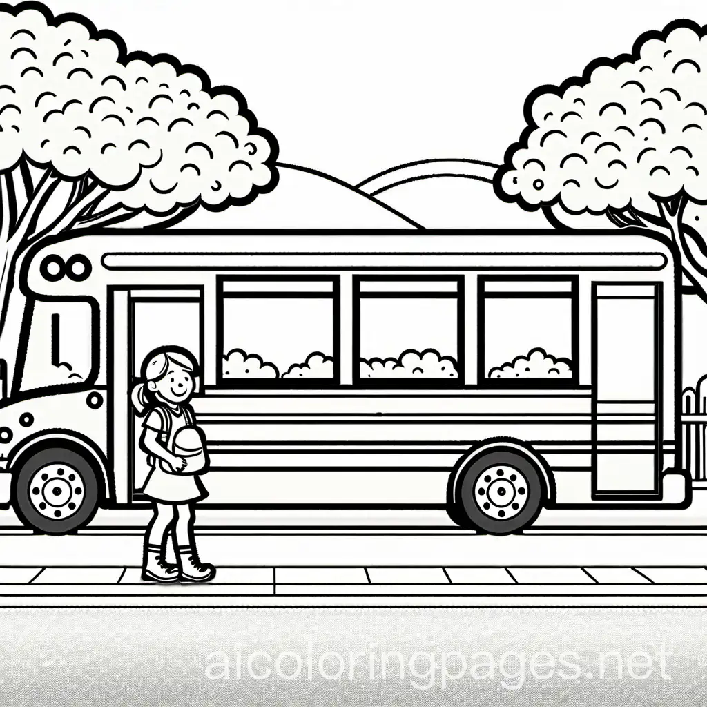 create a cute and simple black-and-white line art coloring page for young children. A happy child waiting to board a school bus at bus stop. Background is plain white to make easy for children to color. Simplicity and ample white space. The background of the coloring page is plain white to make it easy for young children to color within the lines. The outlines of all the subjects are easy to distinguish, making it simple for kids to color without too much difficulty