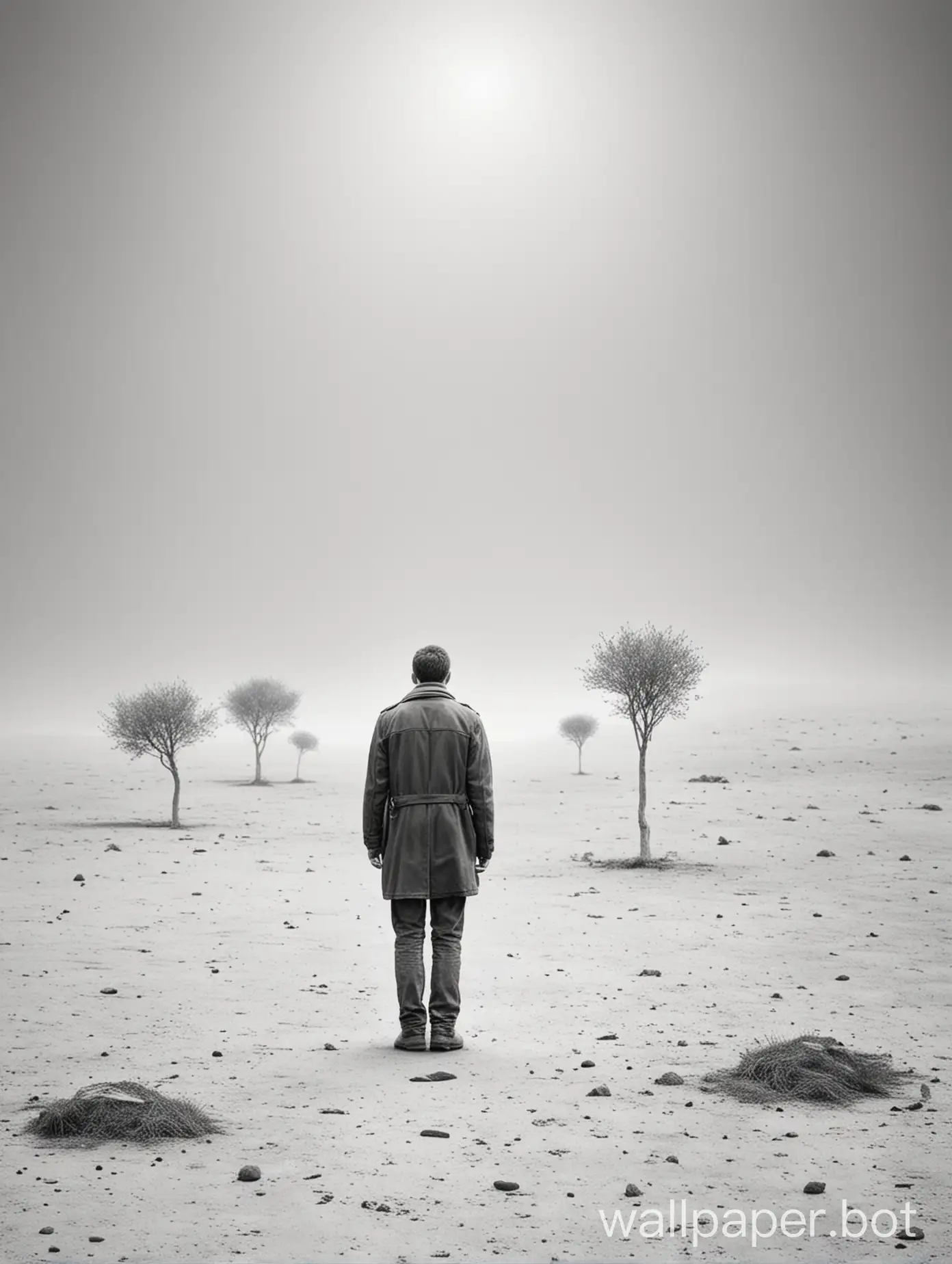 Ignored lonely man in a far far away land. Back and white background