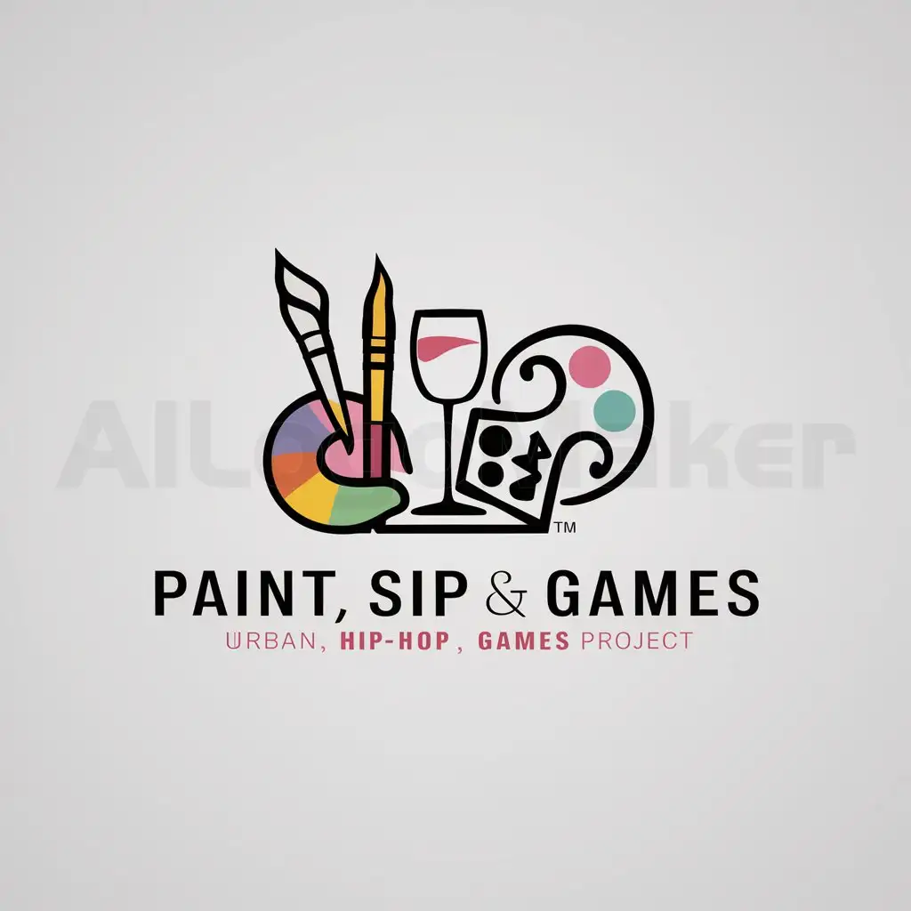 a logo design,with the text "Paint, sip & games", main symbol: Create a vibrant logo named "Paint and Sip". The logo should encapsulate the spirit of my urban, hip-hop themed paint, sip, and games project. It should incorporate a paintbrush, wine glass, board game, and palette to represent the painting and drinking activities. Feature vibrant and pastel colors to reflect the lively and fun atmosphere of the project, with a modern and stylish design that echoes an urban, hip-hop mood.,Minimalistic,be used in Others industry,clear background