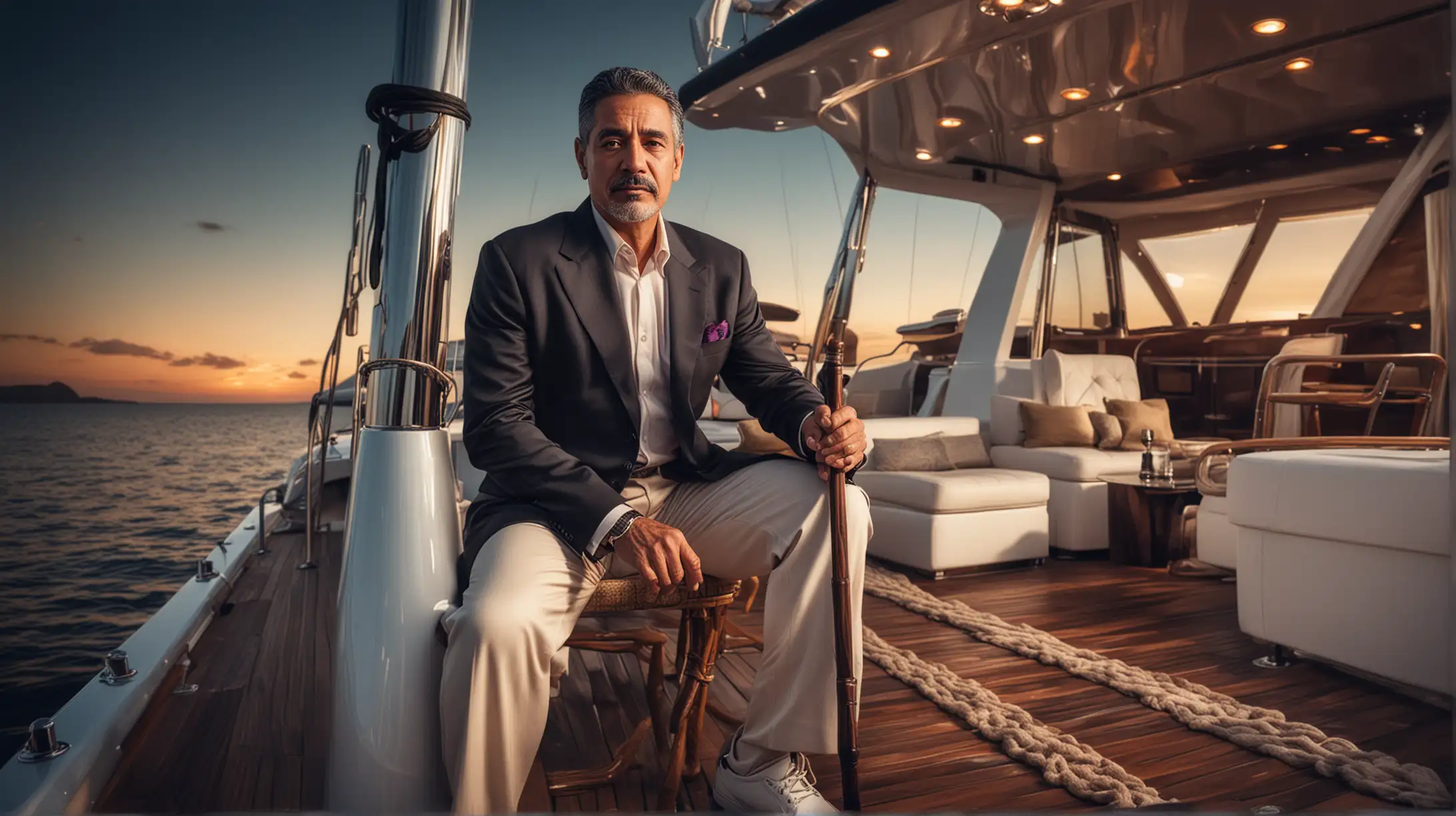 a confident middle age hispanic man with a cane on his lap sitting outside on a massive luxurious yacht, vibrant colors, dramatic lighting