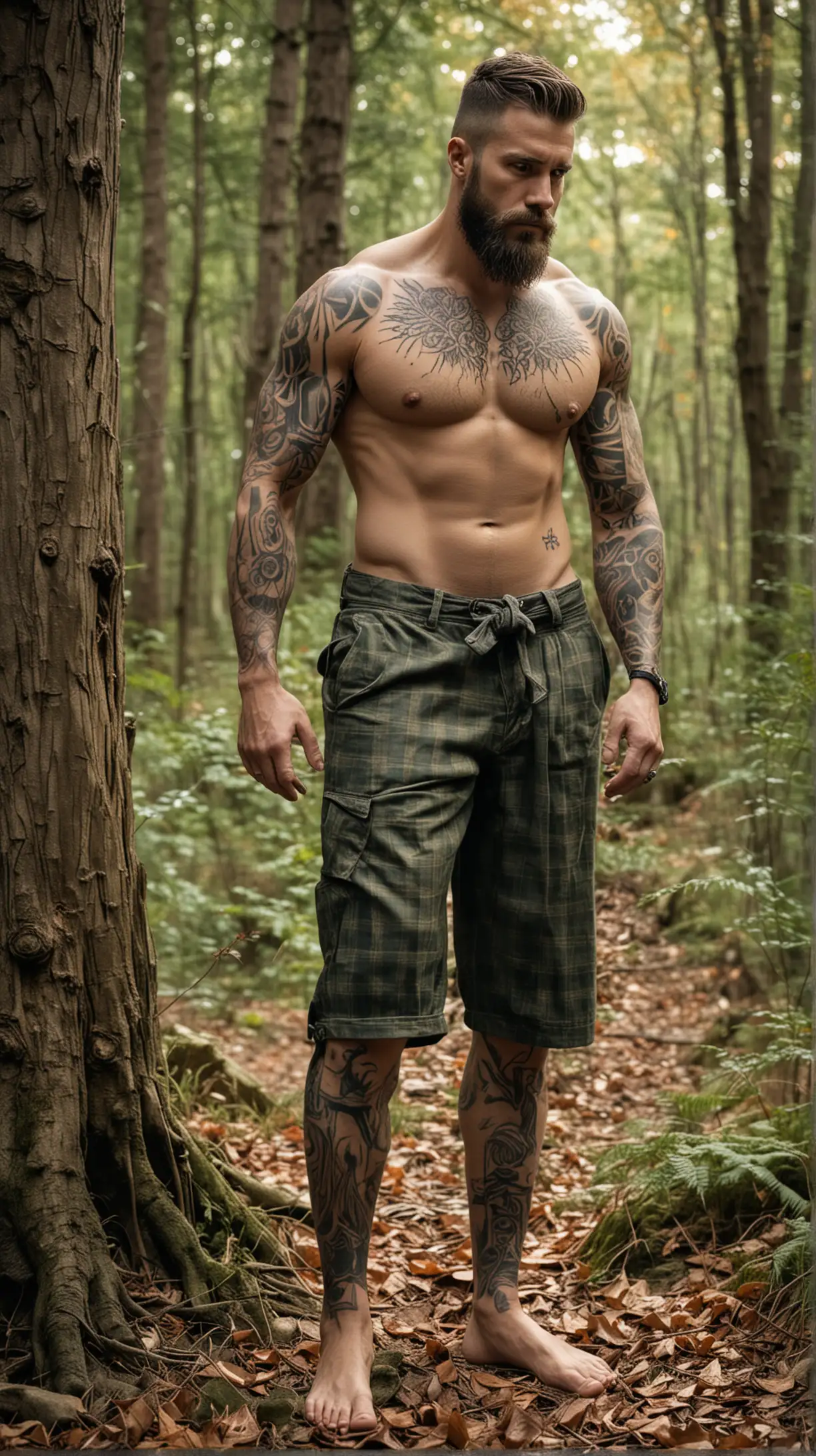 Rugged Man Standing Barefoot in Forest Clearing