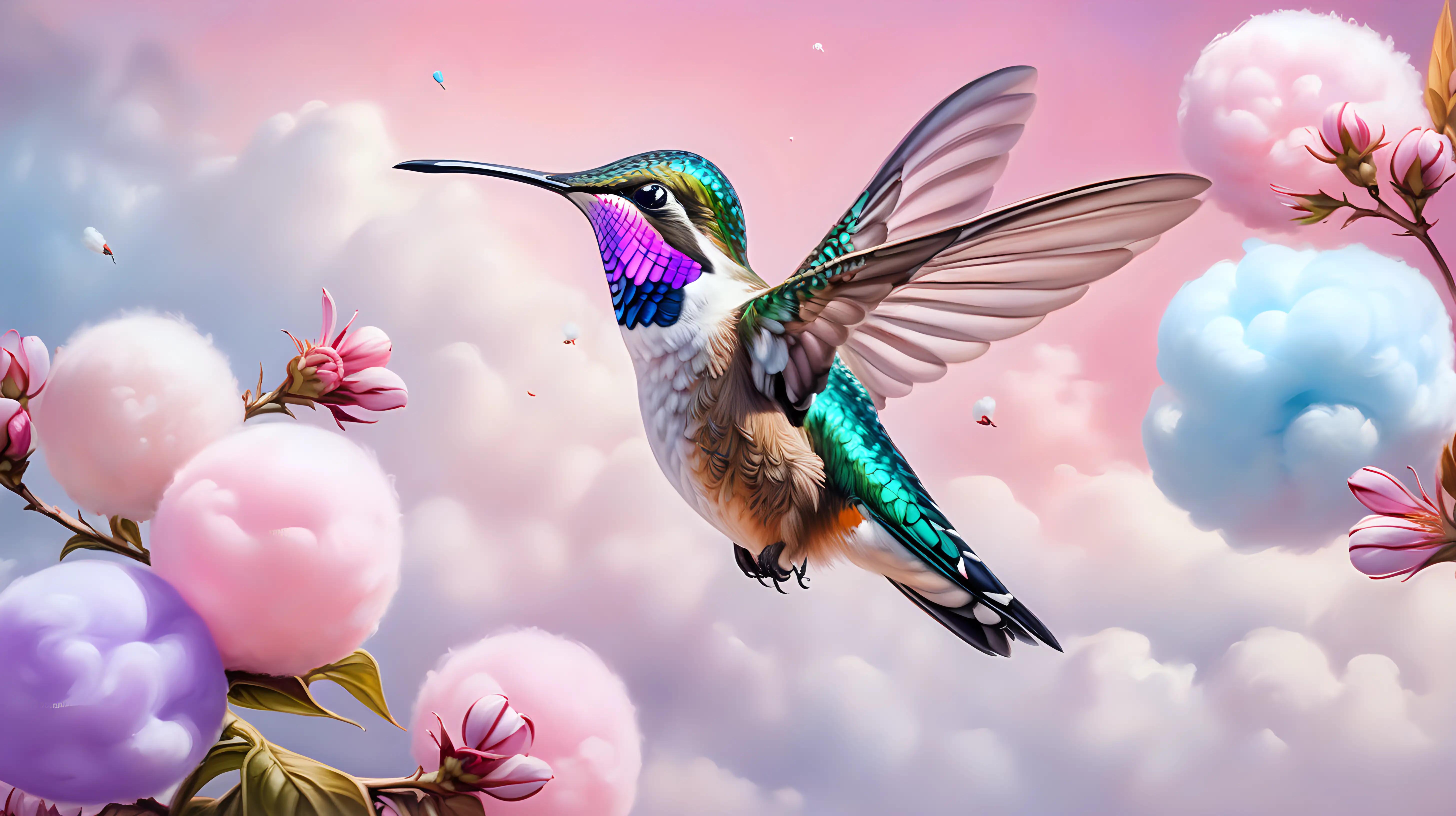 oil painting of a cute humming bird. Surrounded by pastel pink and purple cotton candy flowers and white cotton candy clouds. #F8C8DC