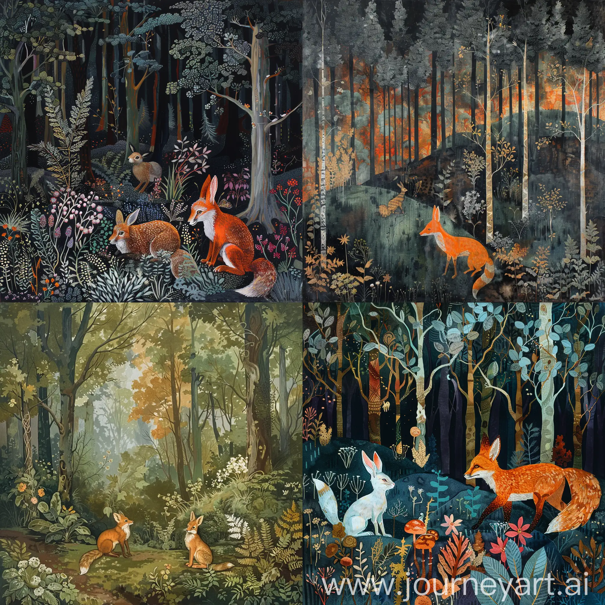forest with a fox and a hare