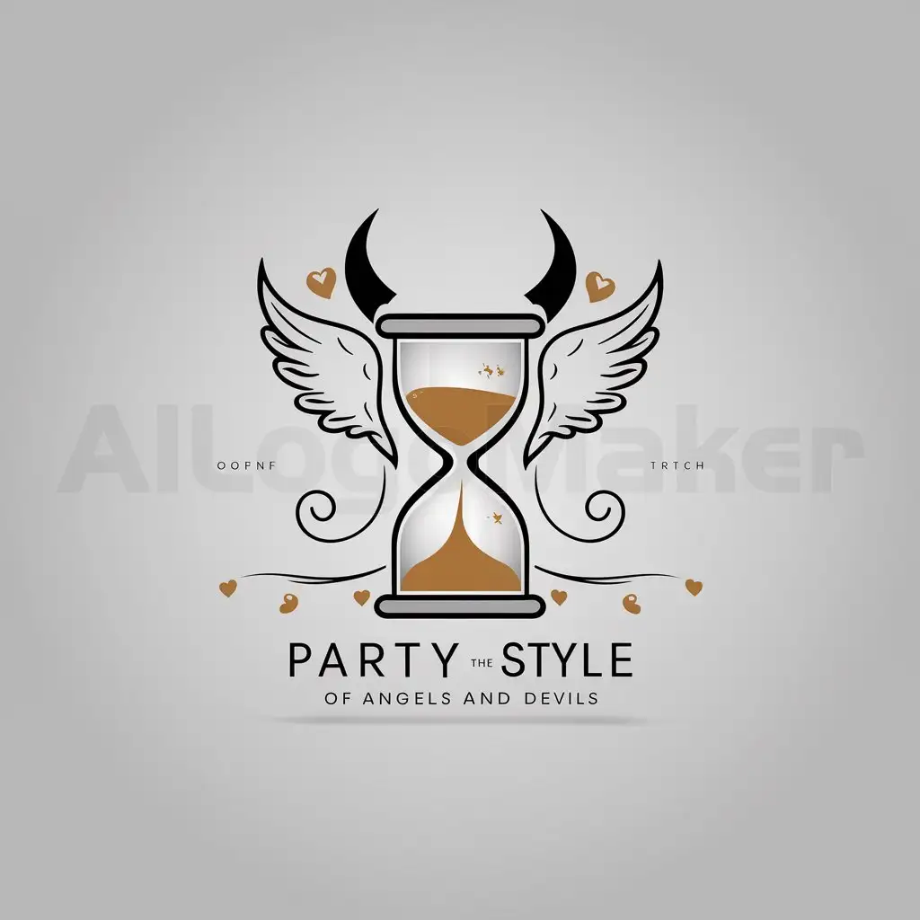 a logo design,with the text 'Party in the style of angels and devils', main symbol:Sand hours, angel symbols and demon symbols, thin curls and small heart shapes,Minimalistic,be used in Nonprofit industry,clear background, transparent background