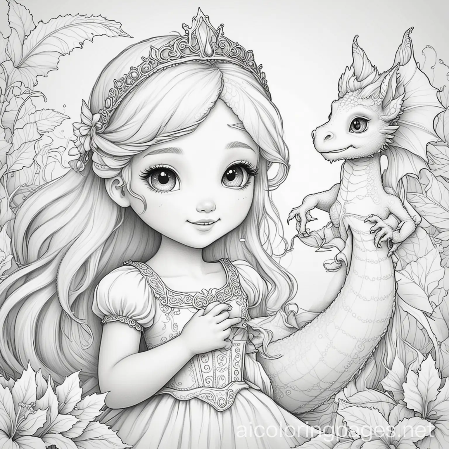 fairytale princess with cute little dragon, Coloring Page, black and white, line art, white background, Simplicity, Ample White Space. The background of the coloring page is plain white to make it easy for young children to color within the lines. The outlines of all the subjects are easy to distinguish, making it simple for kids to color without too much difficulty