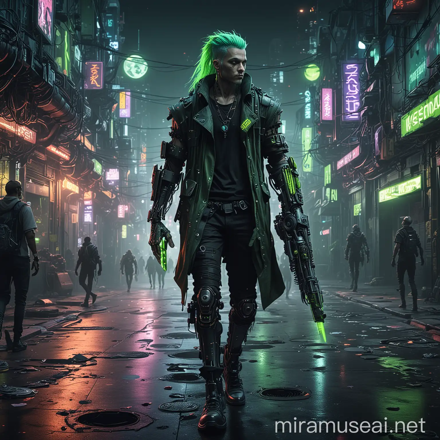 A man walking through a night city, in cyberpunk style. He has long neon green hair and a robotic arm, and in the other he holds planets