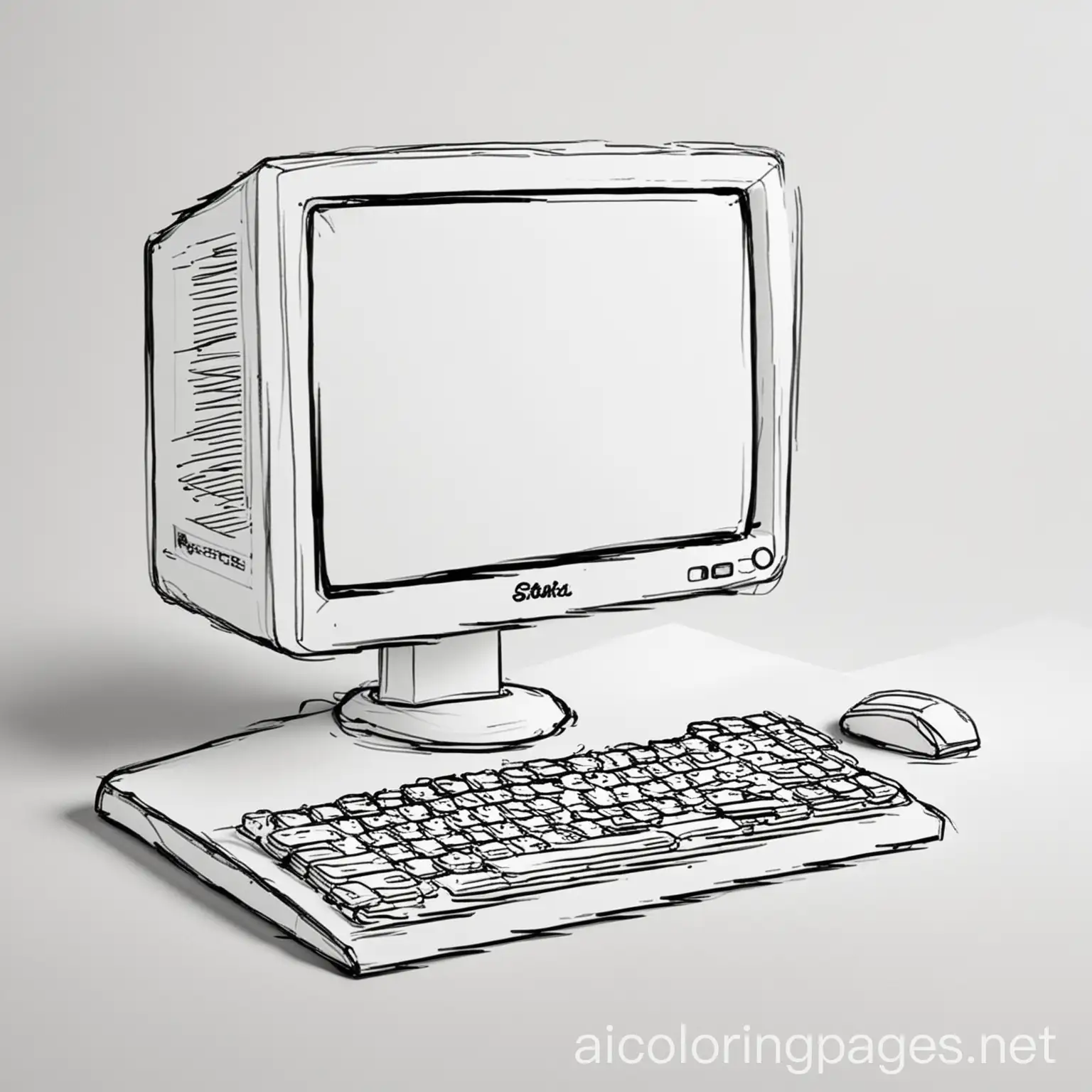 CREATE A PHOTO OF A COLORFUL AND REALISTIC COMPUTER, Coloring Page, black and white, line art, white background, Simplicity, Ample White Space. The background of the coloring page is plain white to make it easy for young children to color within the lines. The outlines of all the subjects are easy to distinguish, making it simple for kids to color without too much difficulty