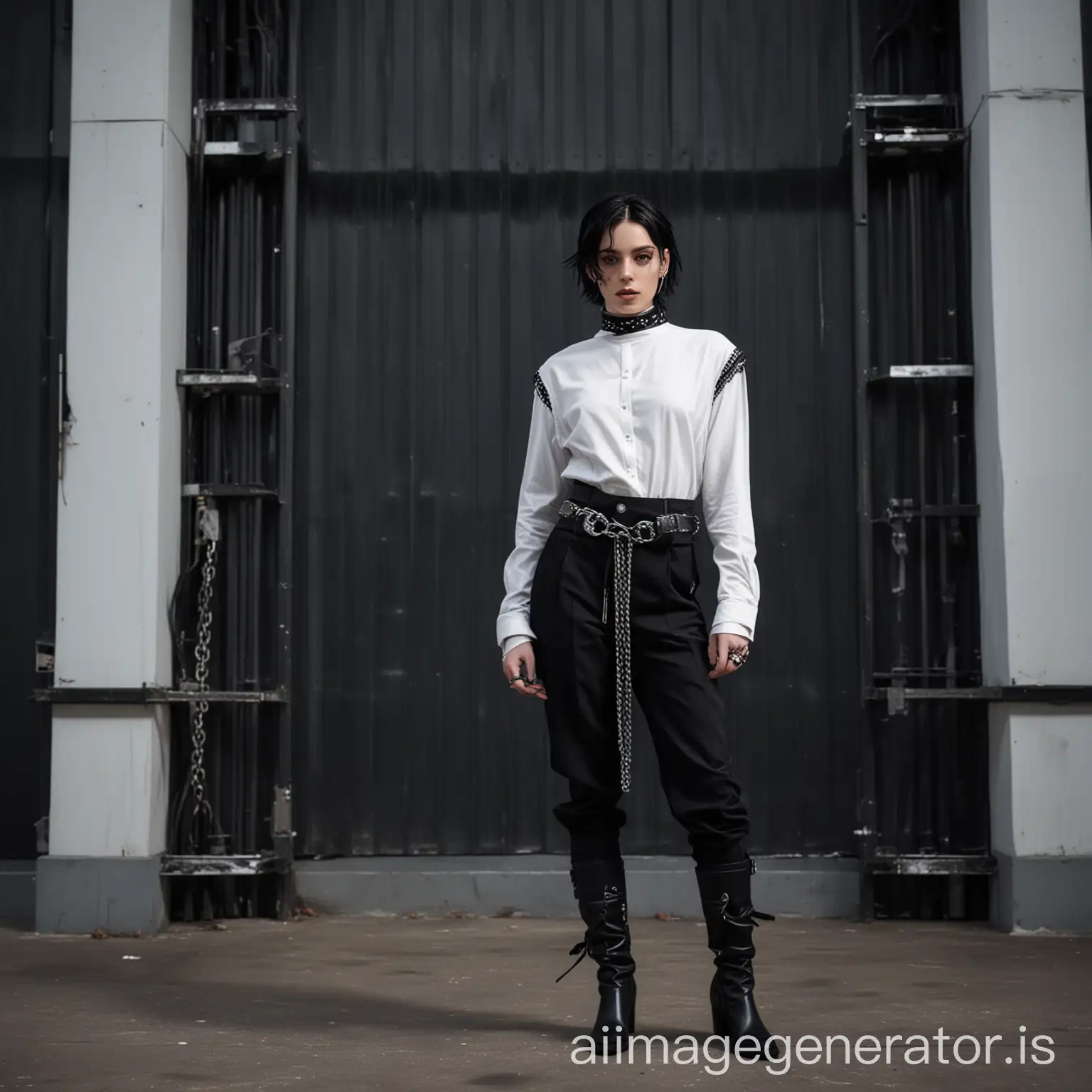 black-haired male, androgynous look, shoulder-length hair, black turtleneck with chains overlay, half-buttoned white shirt with rolled up sleeves, cuffed black baggy pants with dramatic belt, ankle-length heeled boots, in front of a futuristic building, night, full body