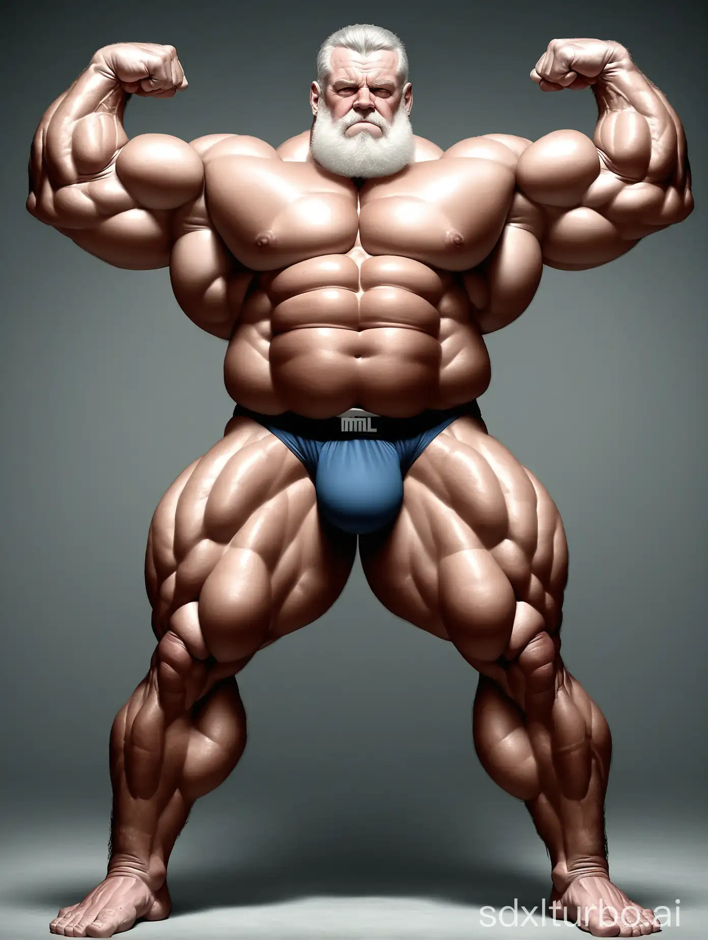 White skin and massive muscle stud，Huge and giant and Strong body，Very strong legs， 2m tall，very Big Chest，very Big biceps，very 8-pack abs，Very Massive muscle Body，Wearing underwear，he is giant tall，very fat，very fat，Full Body，very long strong legs， raise his arms to show his huge biceps ，raise his arms to show his huge biceps，very old man，long hair，very thick muscles，very thick body，