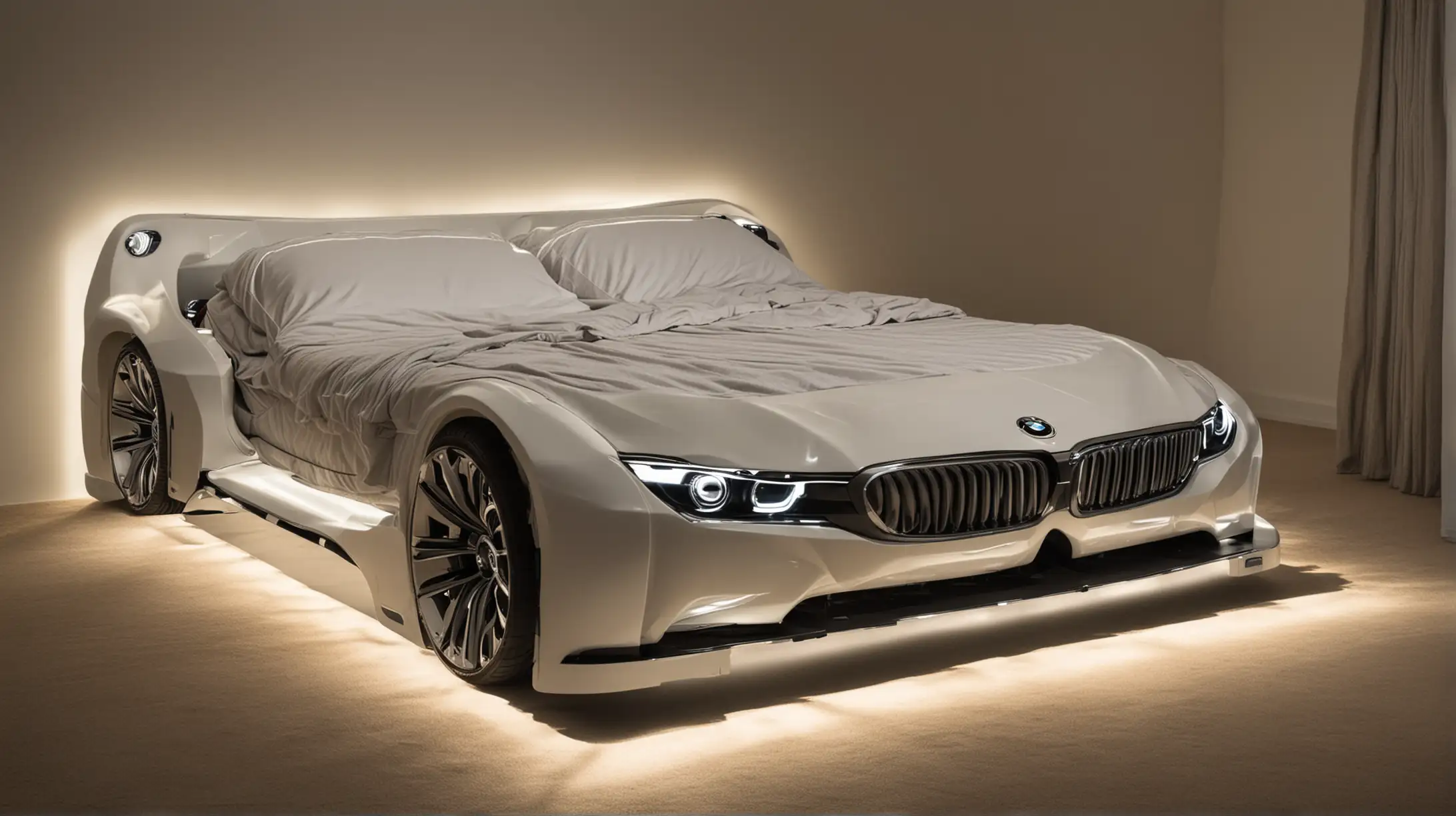 Двухспальная кровать в форме автомобиля марки БМВ с включенными фарами