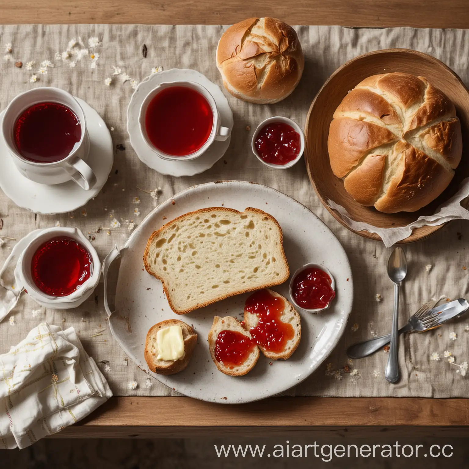 a table with a tea and bread with butter and strawberry jam. make it look tasty