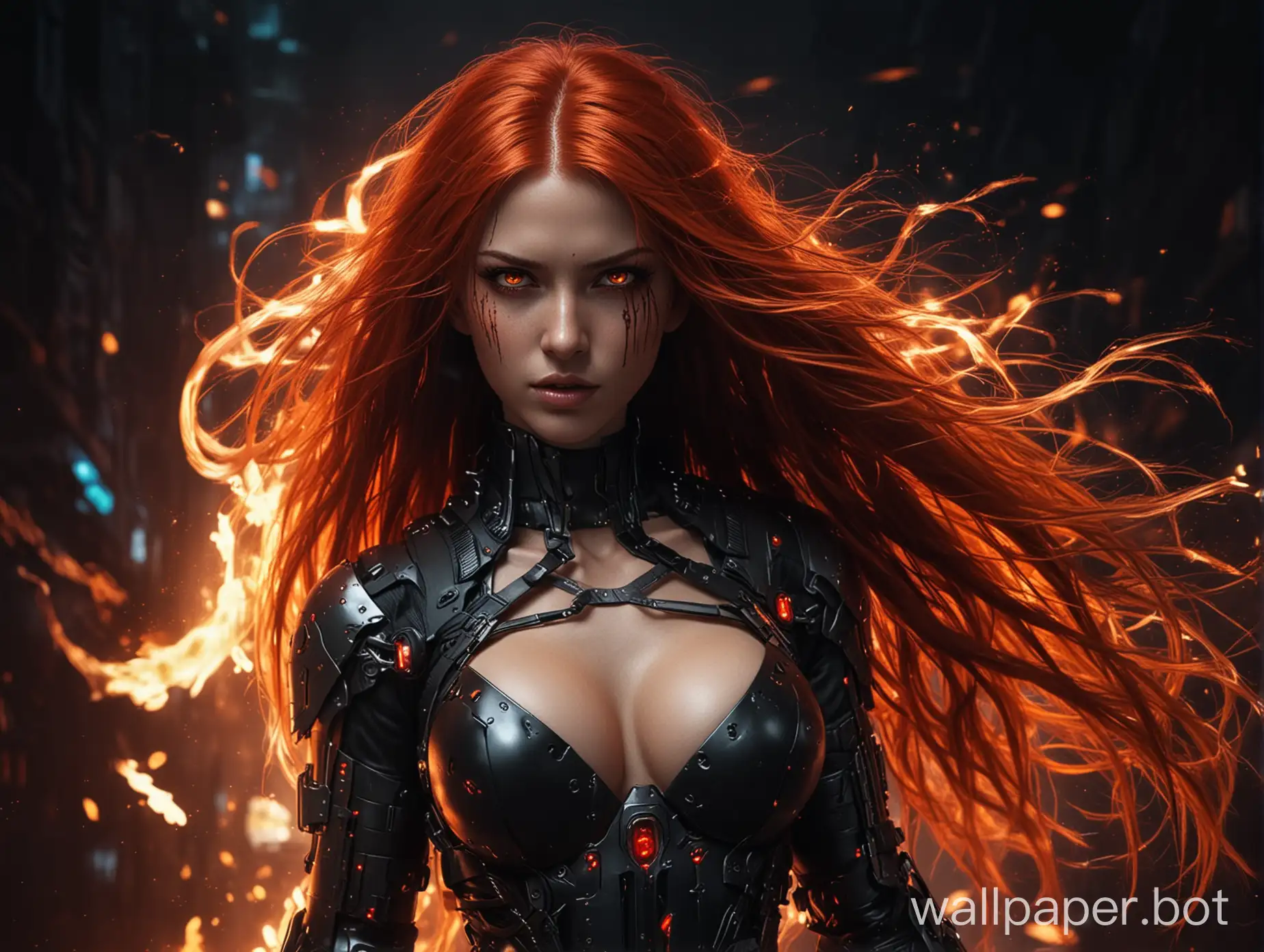 сексуальная кибер девушка, длинные красные волосы развивиются на ветру и горят огнем, яркие красные глаза горят огнем, в полный рост, на темном фоне, в жанре киберпанк