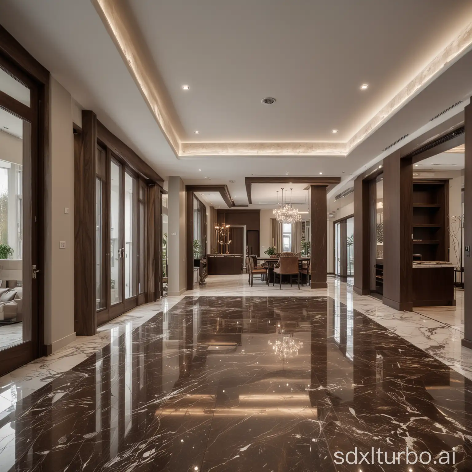 beautiful, stylish interior of a single-family building, luxury, marble floors, wooden furniture with dark brown color, photograph taken with Canon SLR camera with wide-angle lens f/2.0